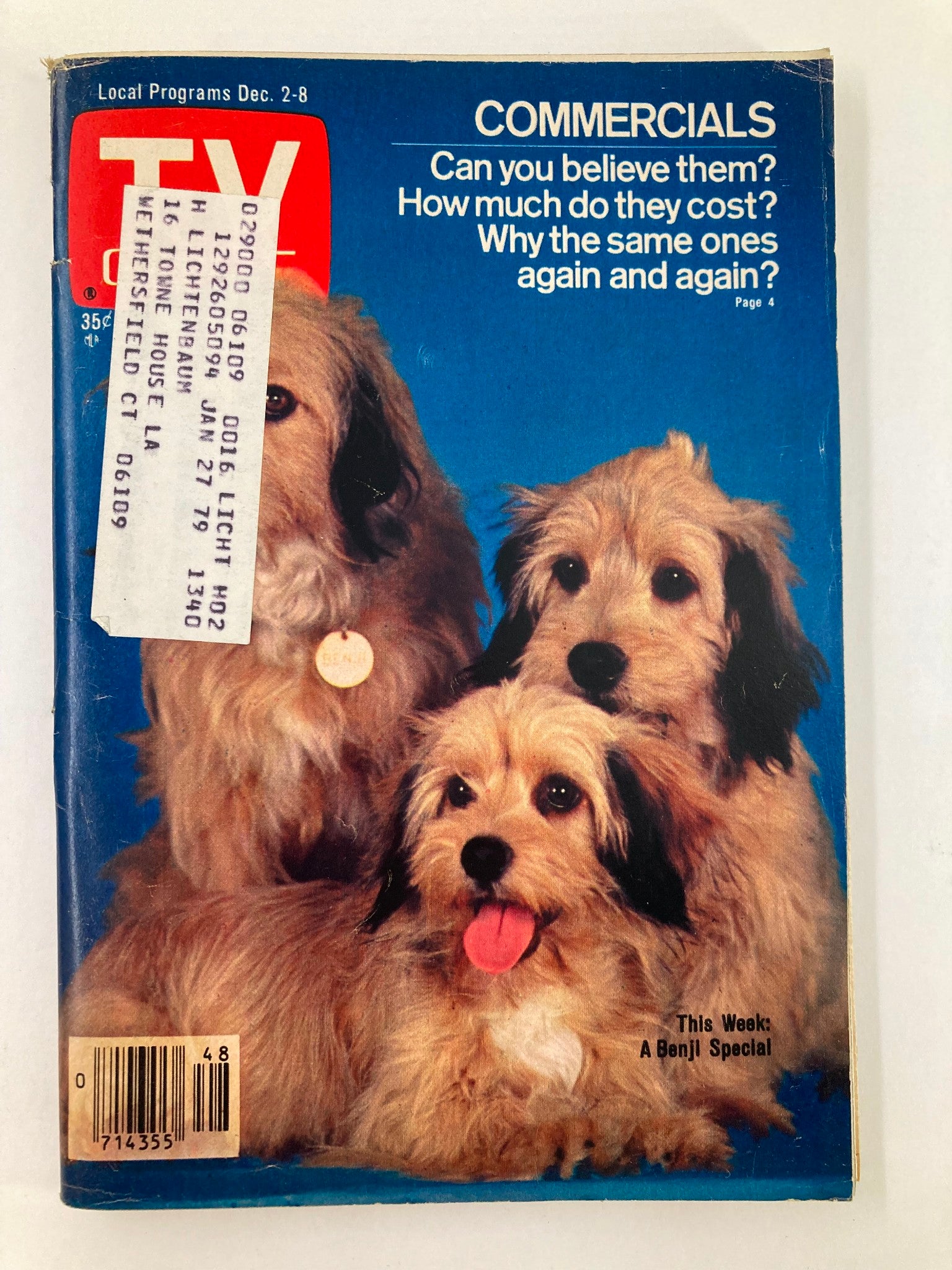 TV Guide Magazine December 2 1978 featuring Benjie and his niece on the cover, showcasing nostalgic 70s pop culture with three dogs, suitable for vintage collectors.