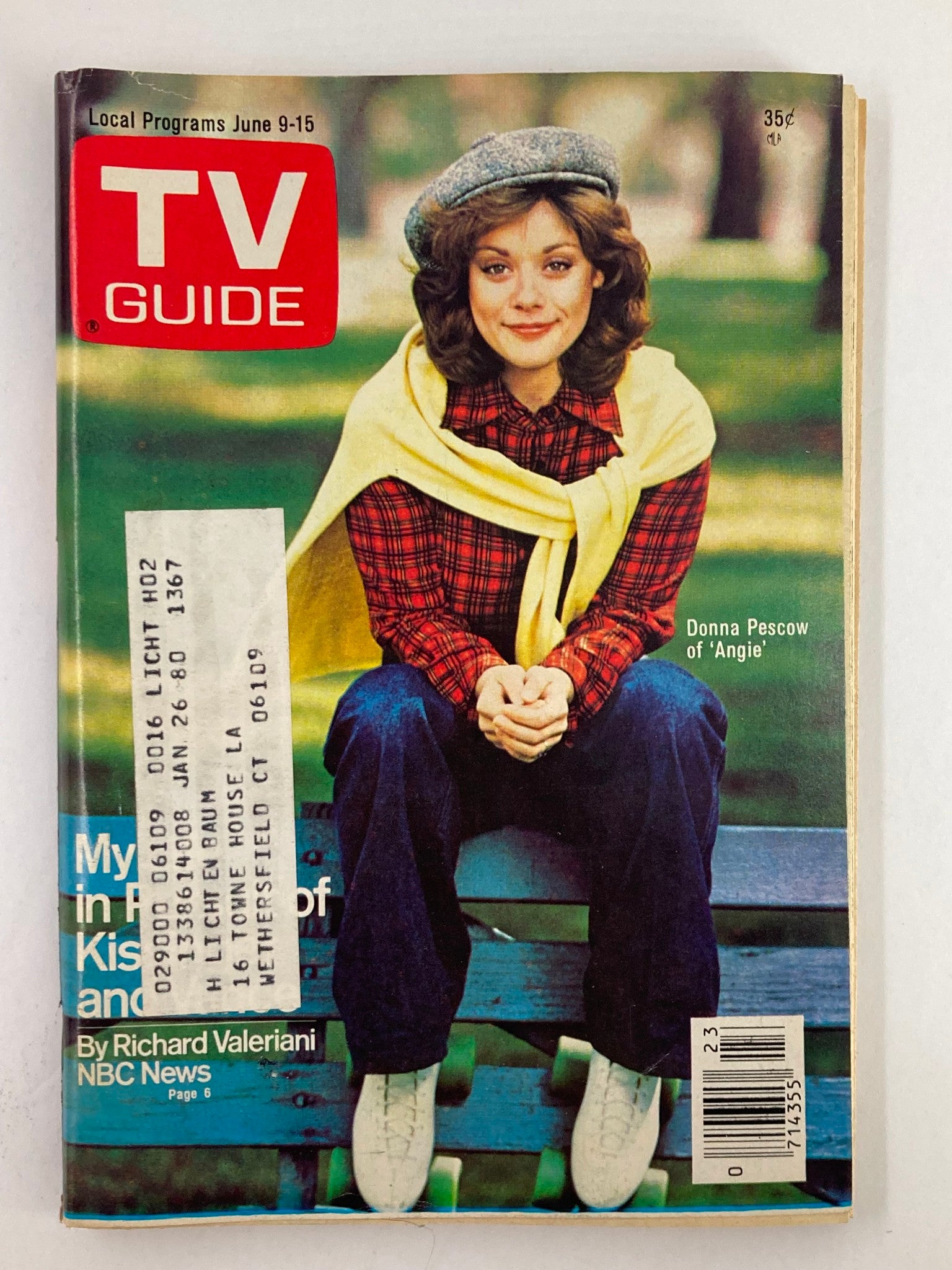 Cover of TV Guide Magazine June 9, 1979, featuring actress Donna Pescow on the front, wearing a plaid shirt and a beret, sitting on a park bench with a natural background.