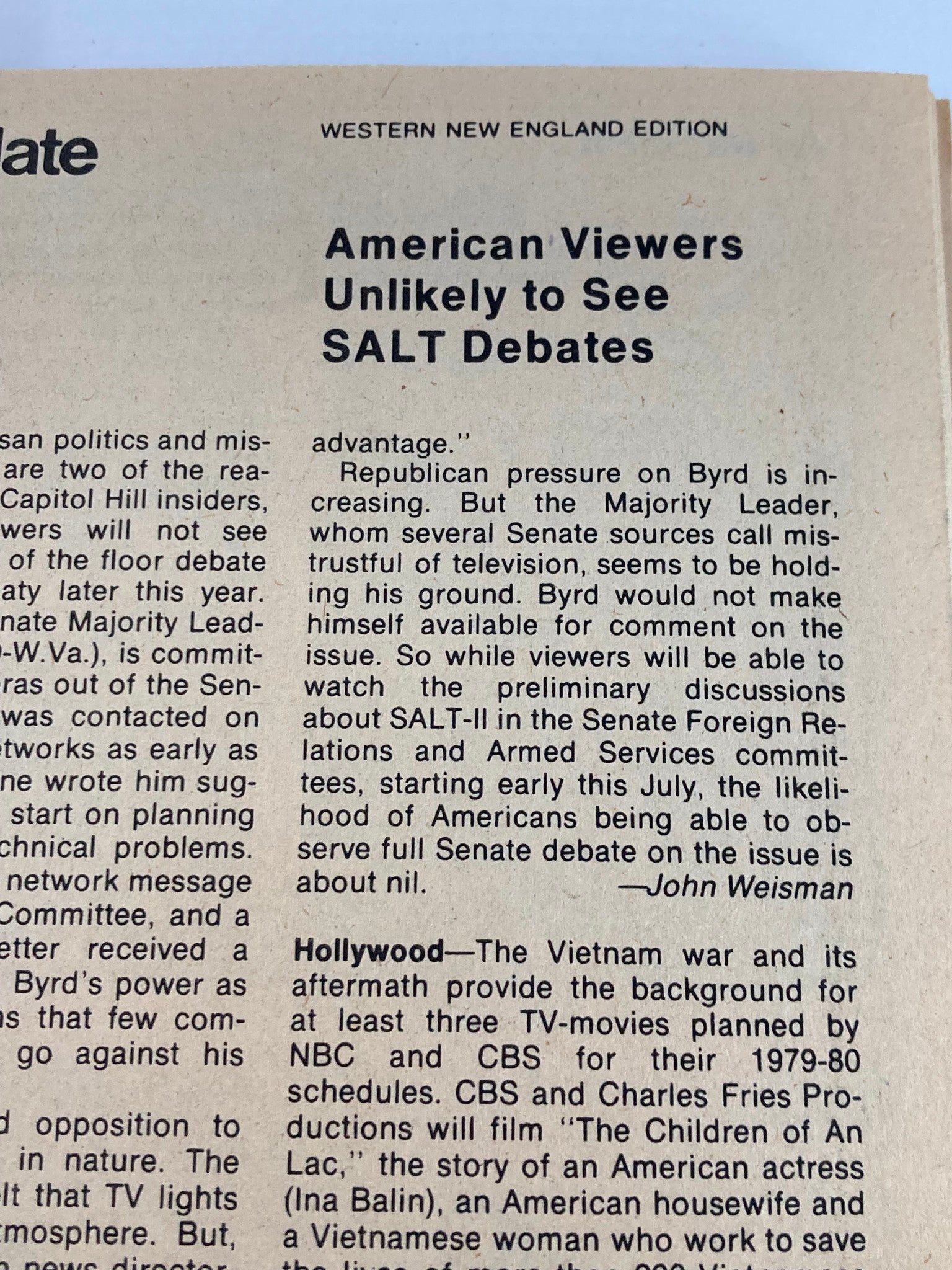 Another interior page from TV Guide Magazine June 9, 1979, highlighting political discussions related to television, under 'Western New England Edition' with a focus on SALT debates.