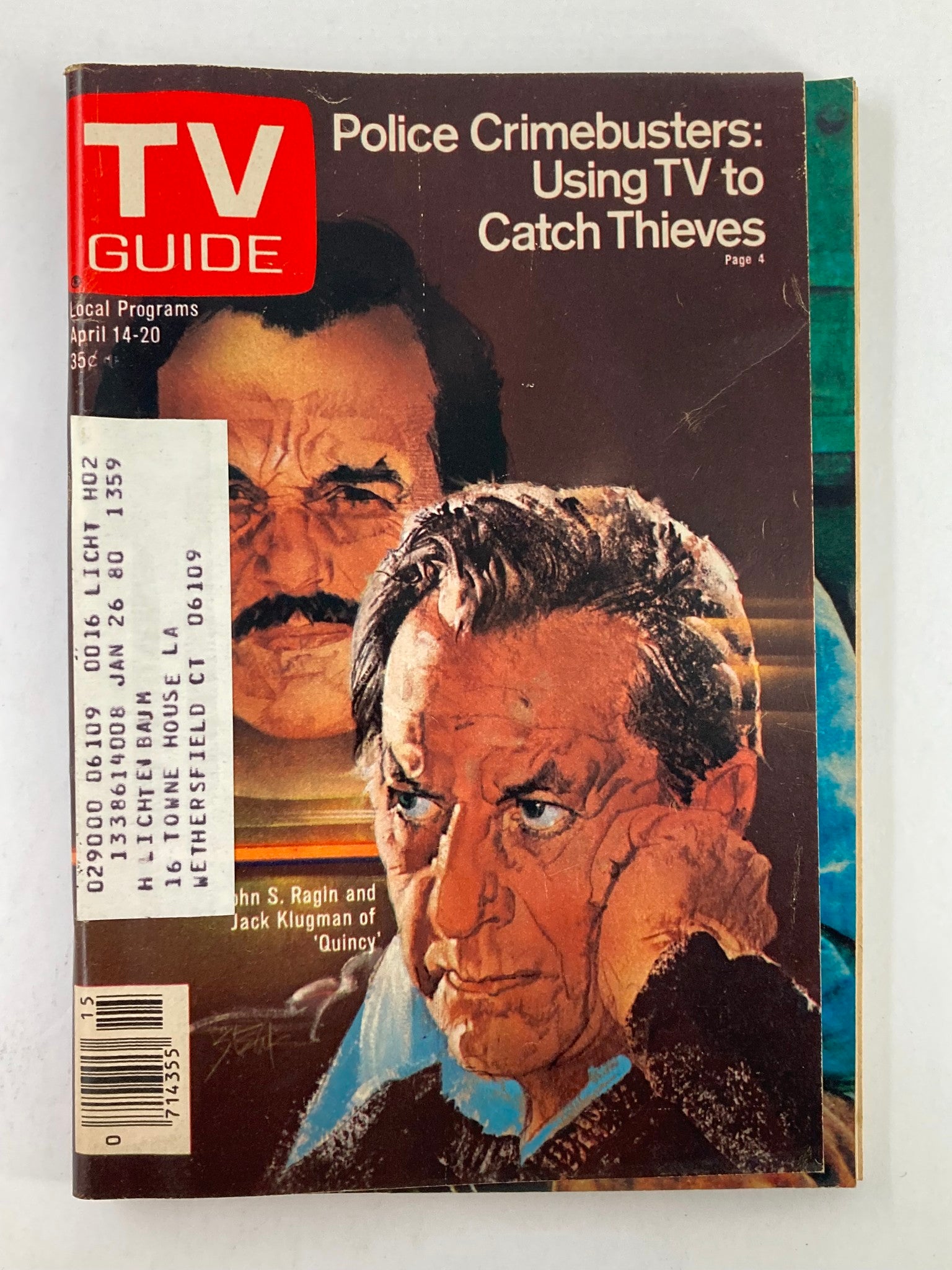 TV Guide Magazine April 14 1979 Issue #1359 featuring John Ragin on the cover, showcasing vintage television history with prominent actors and cultural insights from the era.