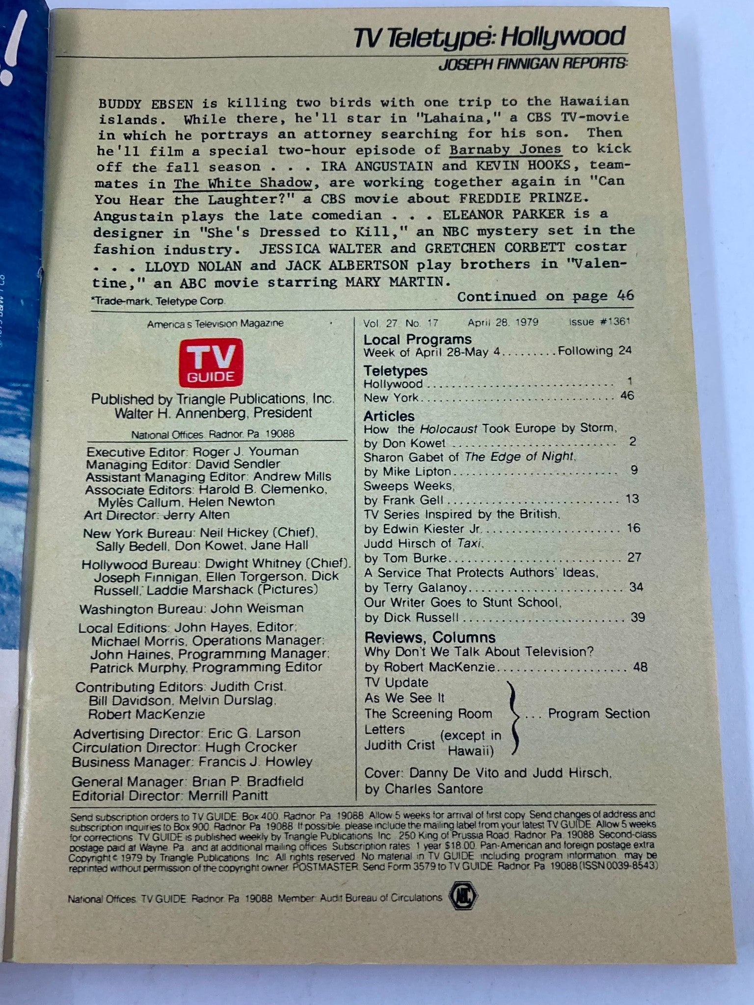 Back cover of TV Guide Magazine April 28, 1979, issue #1361, displaying articles and teletypes including features on television programming and a focus on Danny De Vito.