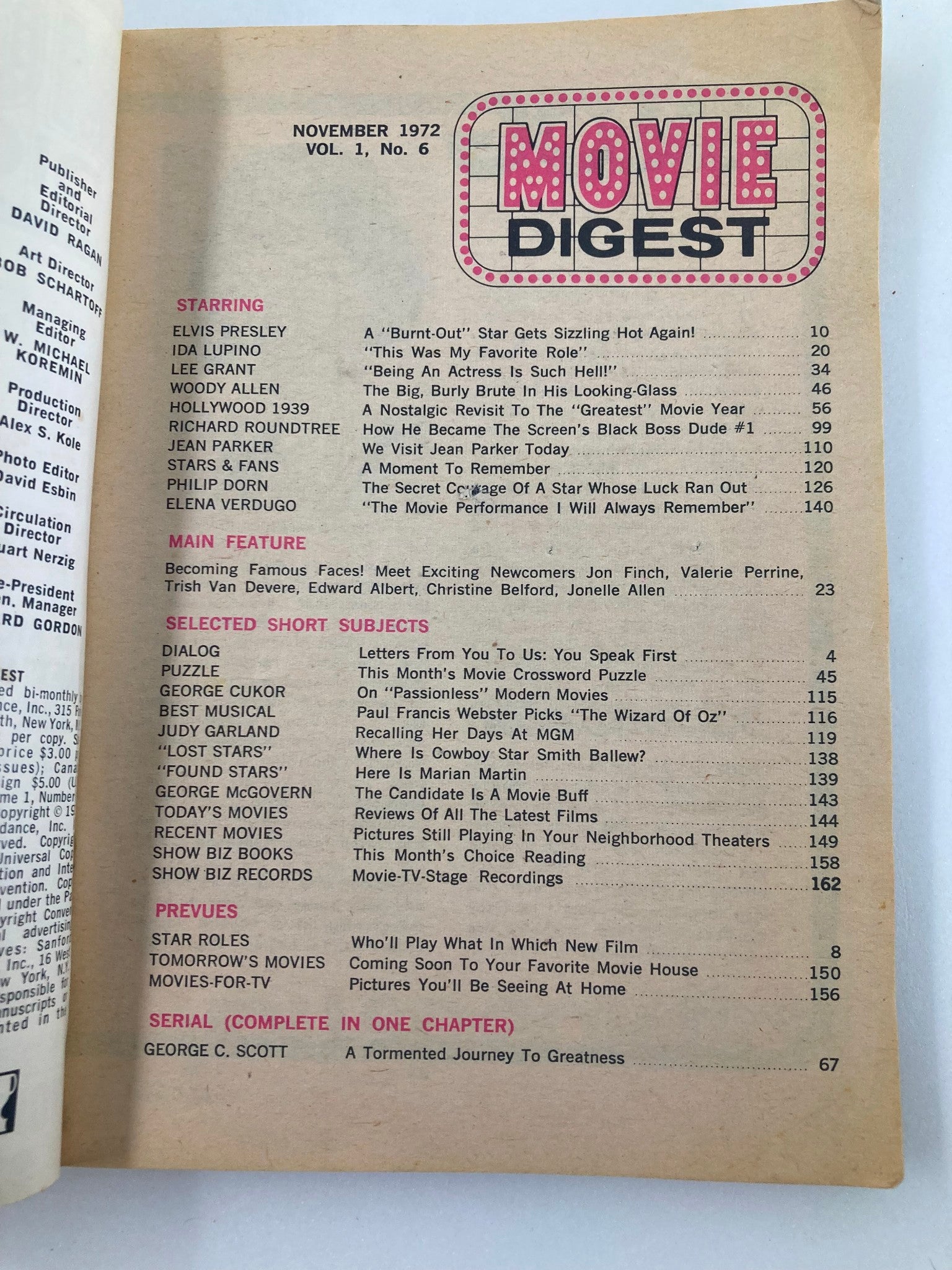 Table of contents from the November 1972 issue of Movie Digest Magazine, Volume 1, Issue 6, featuring Elvis Presley.