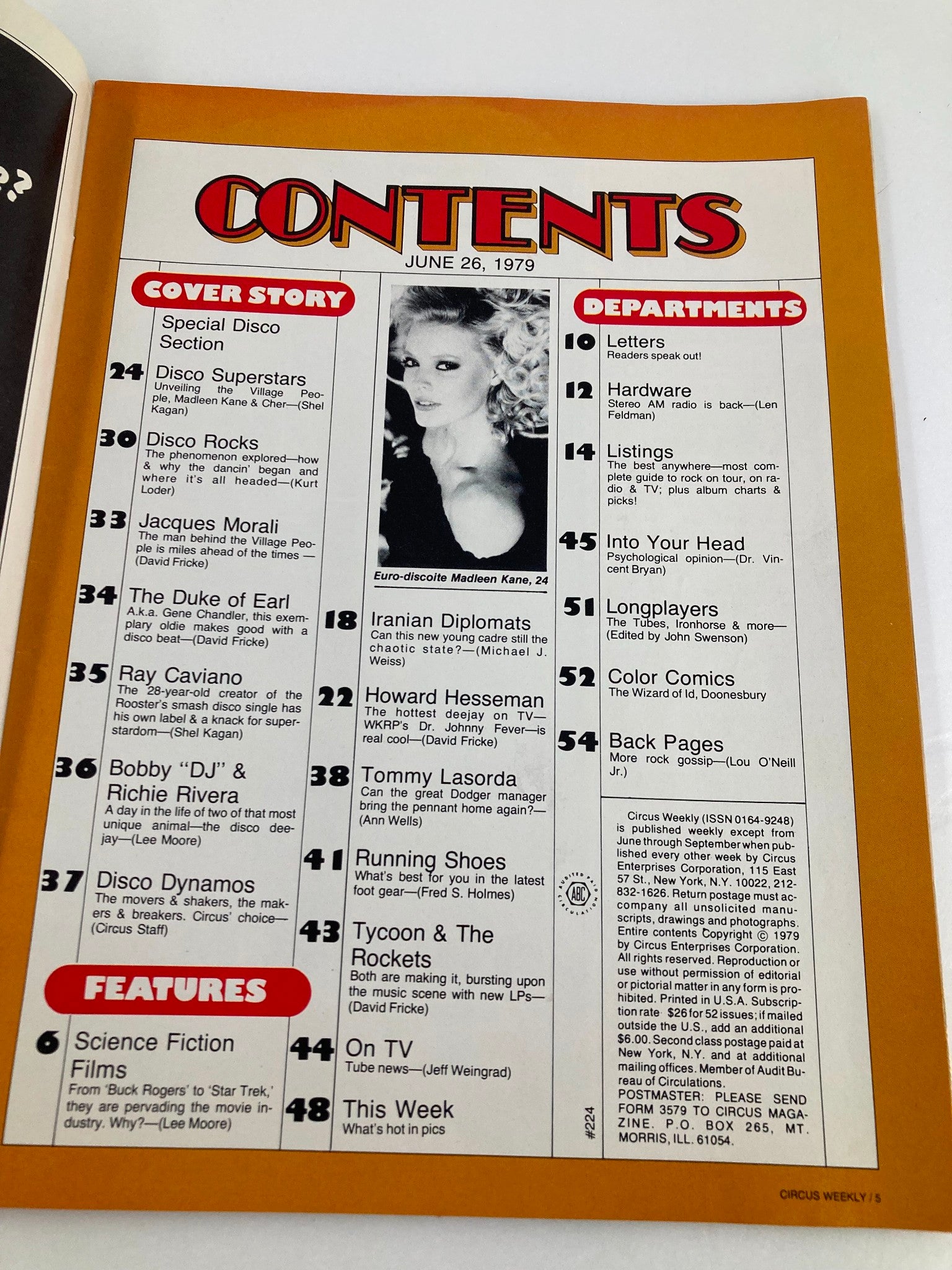 Contents page of VTG Circus Weekly Magazine dated June 26, 1979, highlighting articles on disco superstars and features related to pop culture.