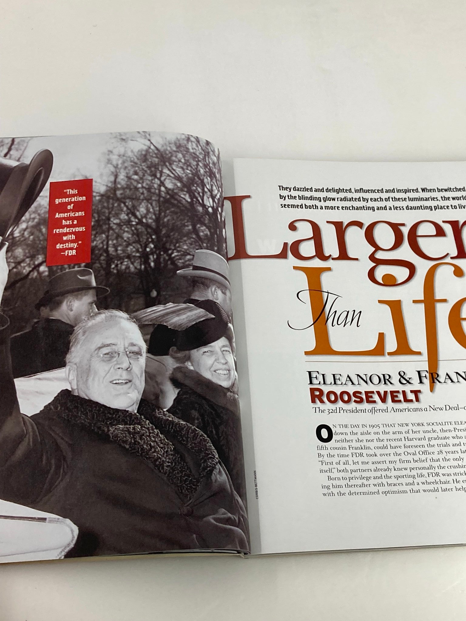 Inside view of People Weekly Magazine 1998: The Most Intriguing People of the Century, featuring Eleanor and Franklin Roosevelt with a quote from FDR.