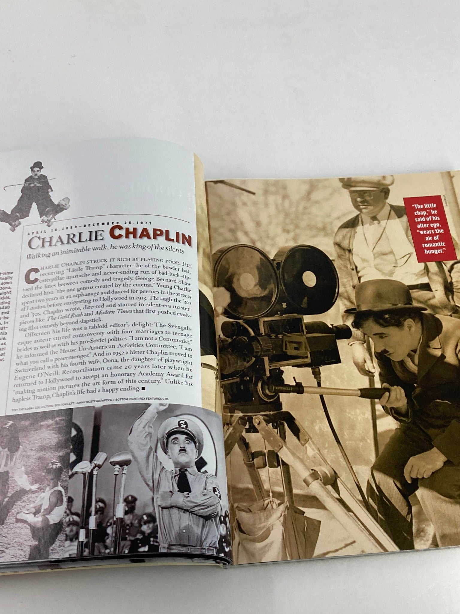 Inside view of People Weekly Magazine 1998: The Most Intriguing People of the Century, highlighting Charlie Chaplin, the king of the silents, alongside a brief biography.
