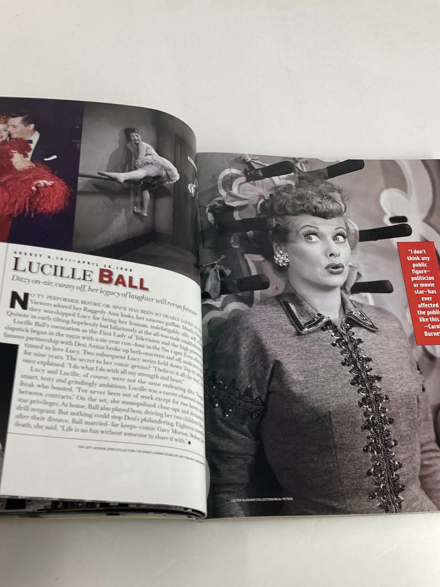 Inside view of People Weekly Magazine 1998: The Most Intriguing People of the Century, showcasing Lucille Ball with a humorous quote about her legacy.