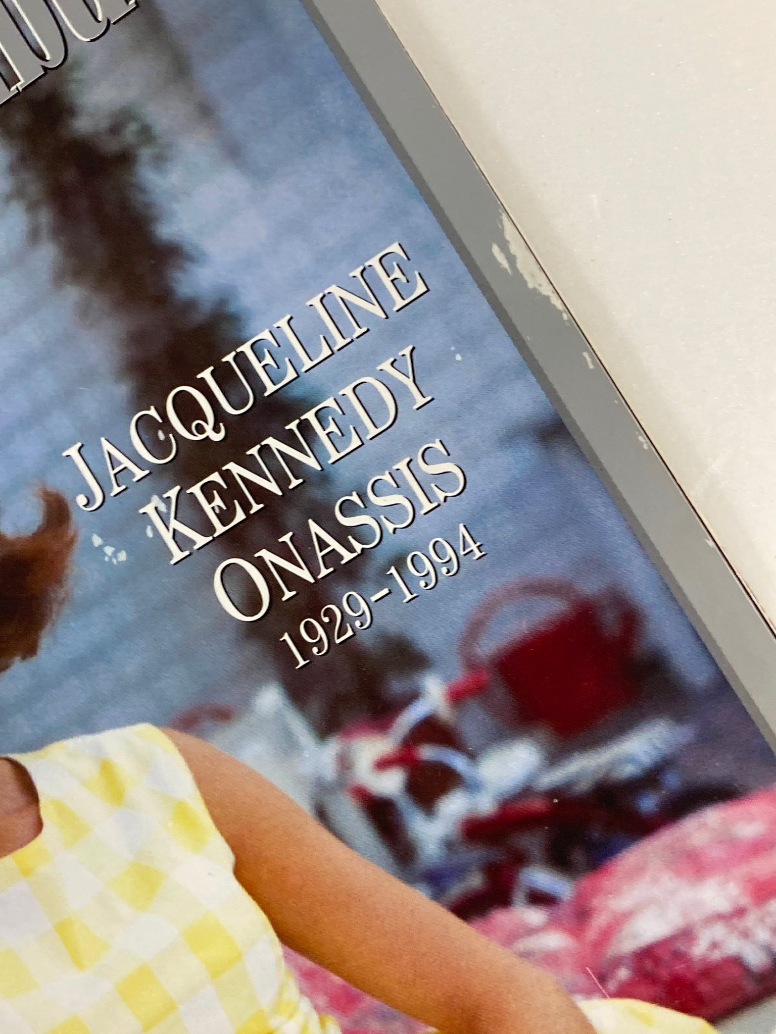 Close-up of the cover text from People Weekly Tribute Magazine Summer 1994, highlighting Jacqueline Kennedy Onassis with her years of life, 1929-1994, emphasizing the magazine's commemorative nature.