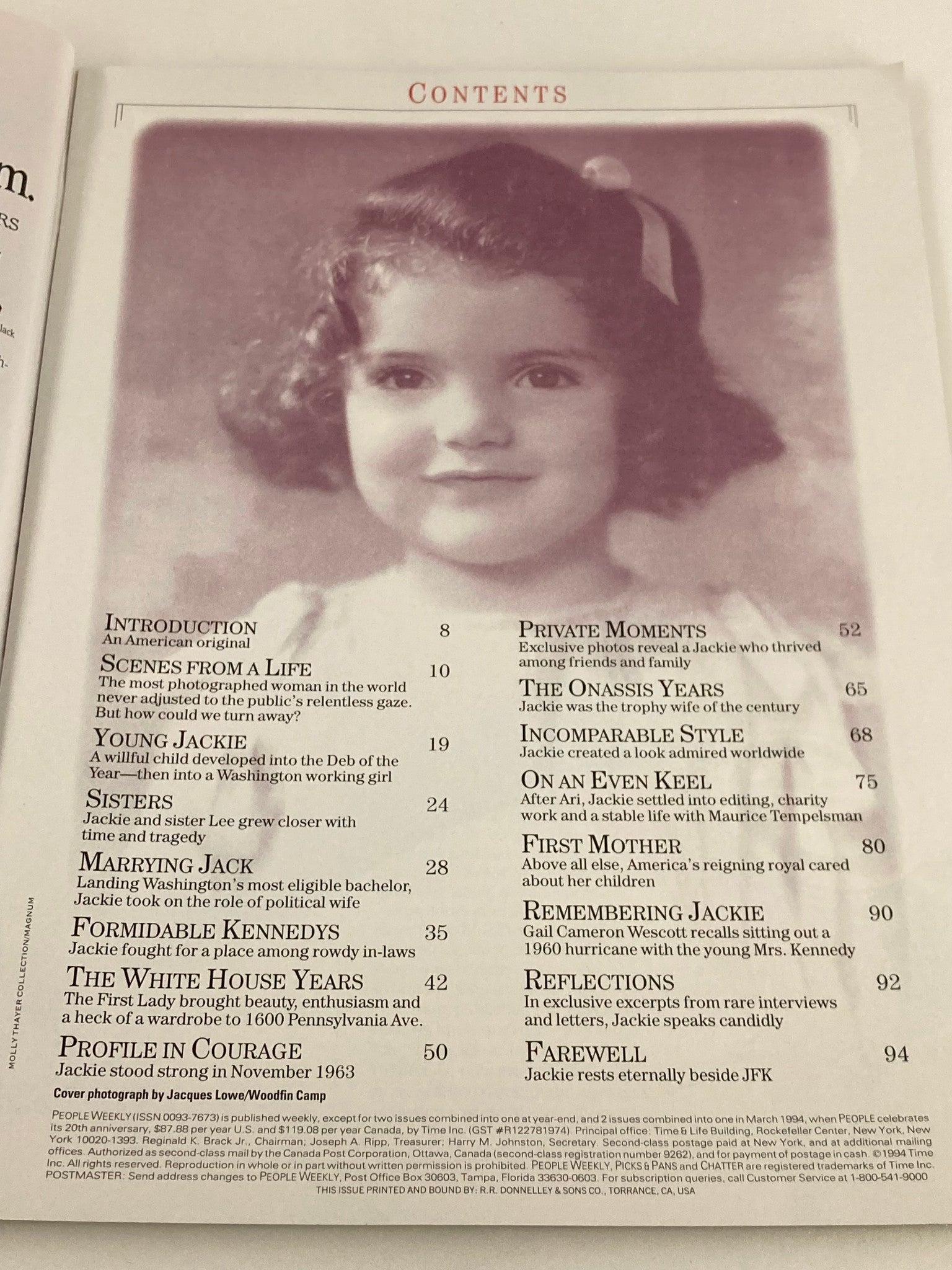 Contents page from People Weekly Tribute Magazine Summer 1994 featuring an image of young Jacqueline Kennedy Onassis and a list of article titles relevant to her life.