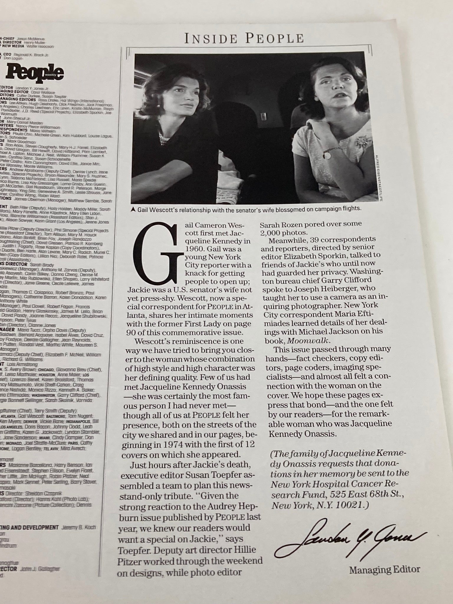 Inside People section showing Gail Wescott and Jacqueline Kennedy Onassis discussing the insights of Jackie O's life, as featured in People Weekly Tribute Magazine Summer 1994.