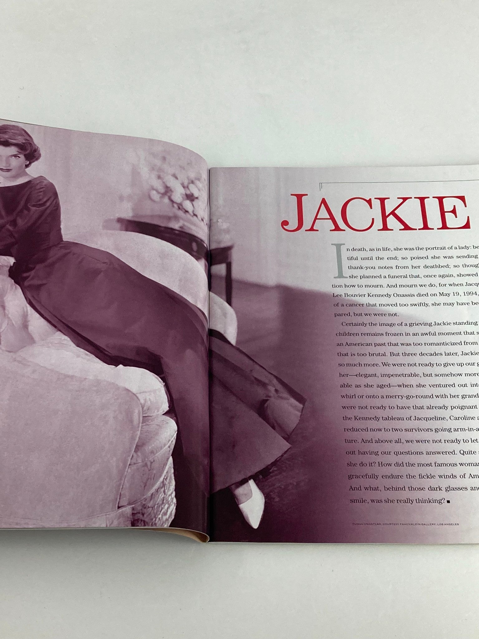 Article titled 'Jackie' featuring an in-depth narrative about Jacqueline Kennedy Onassis in People Weekly Tribute Magazine Summer 1994.