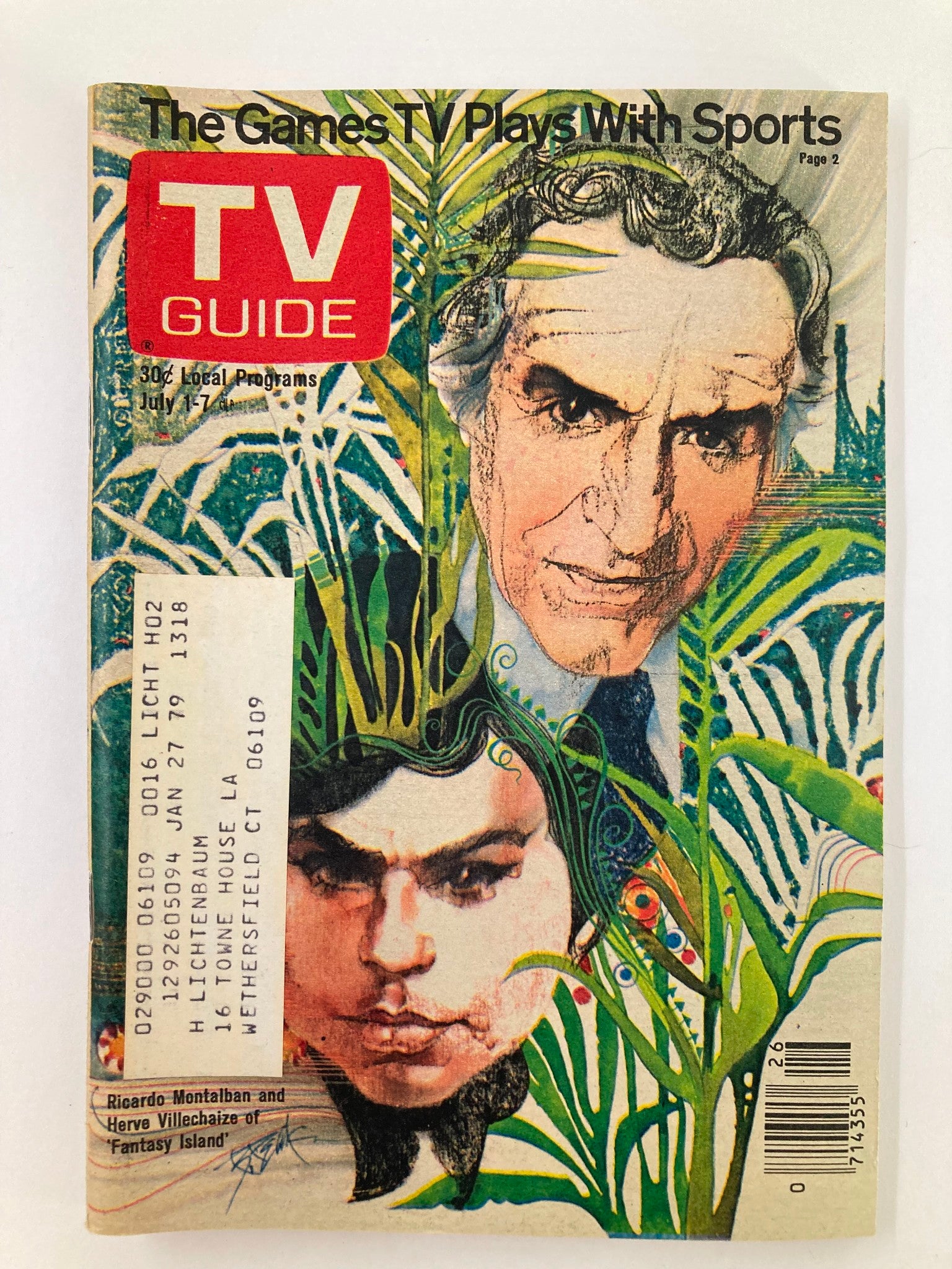 Cover of TV Guide Magazine July 1 1978 featuring Herve Villechaize and Ricardo Montalban, showcasing the theme 'The Games TV Plays With Sports' and an artistic design.