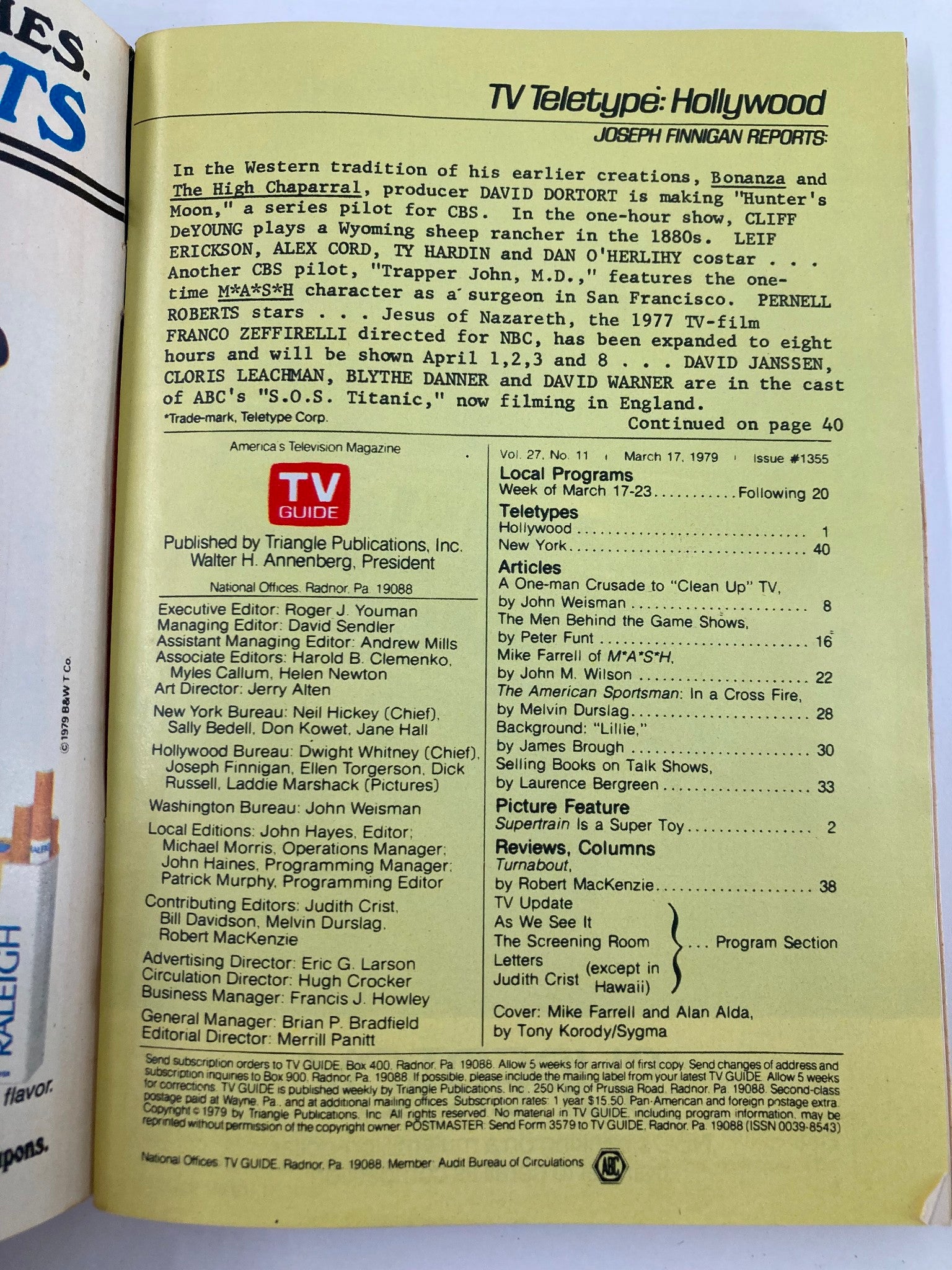 Inside page of TV Guide Magazine March 17, 1979, #1355 detailing Hollywood teletypes and upcoming shows, capturing vintage television culture.
