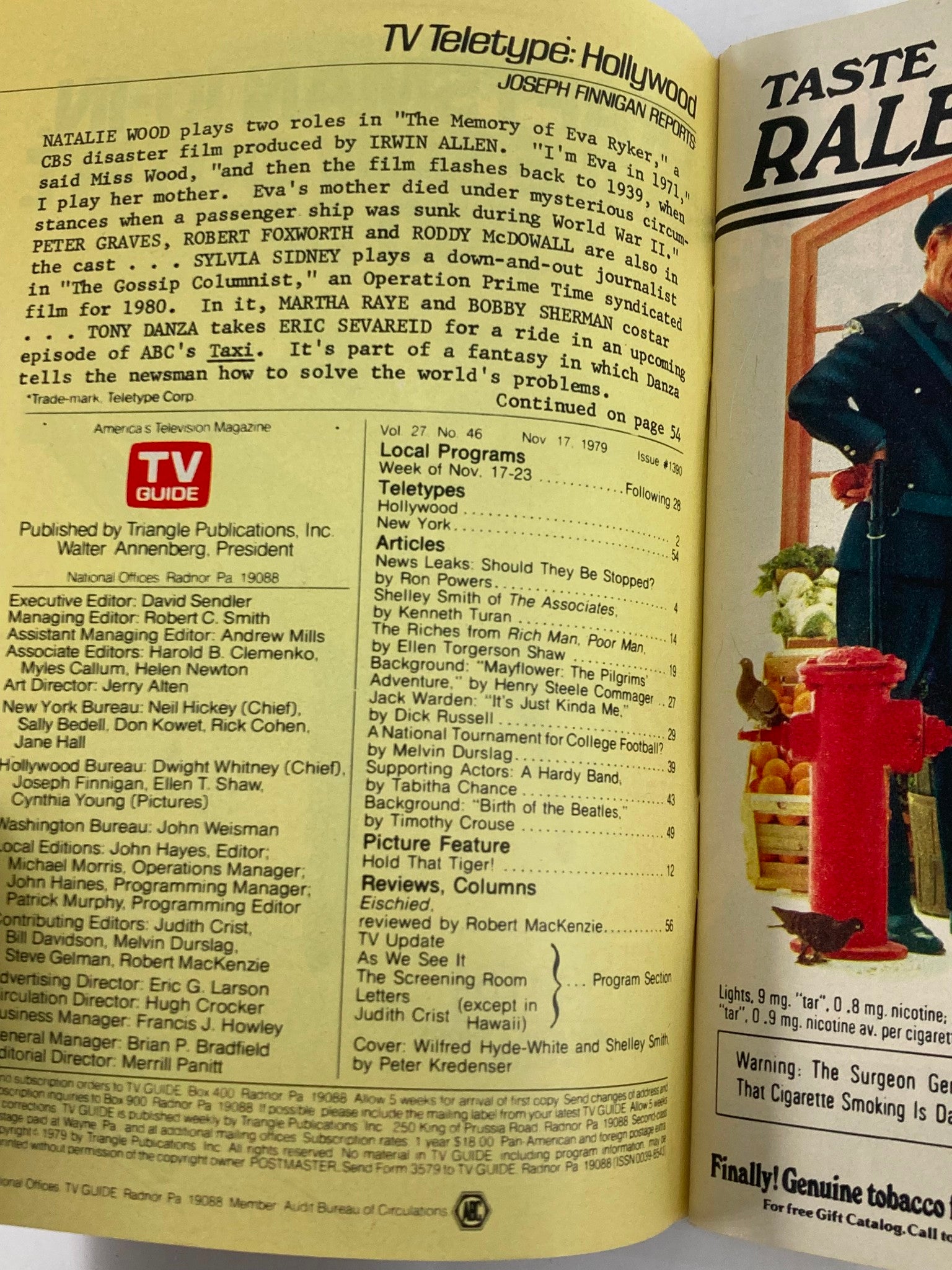 Interior page from TV Guide Magazine November 17 1979, showcasing articles and features including TV Teletype and details about shows such as 'The Associates'.