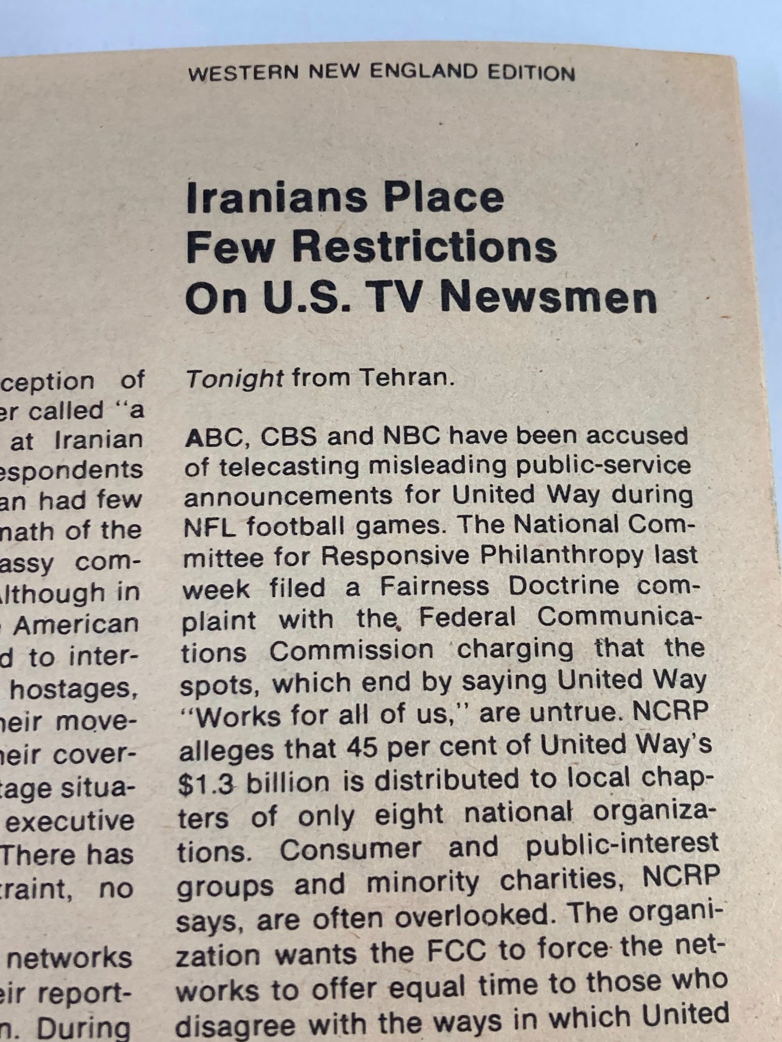 Western New England Edition of TV Guide Magazine November 24, 1979, with an article headline about U.S. TV newsmen and Iranian restrictions.