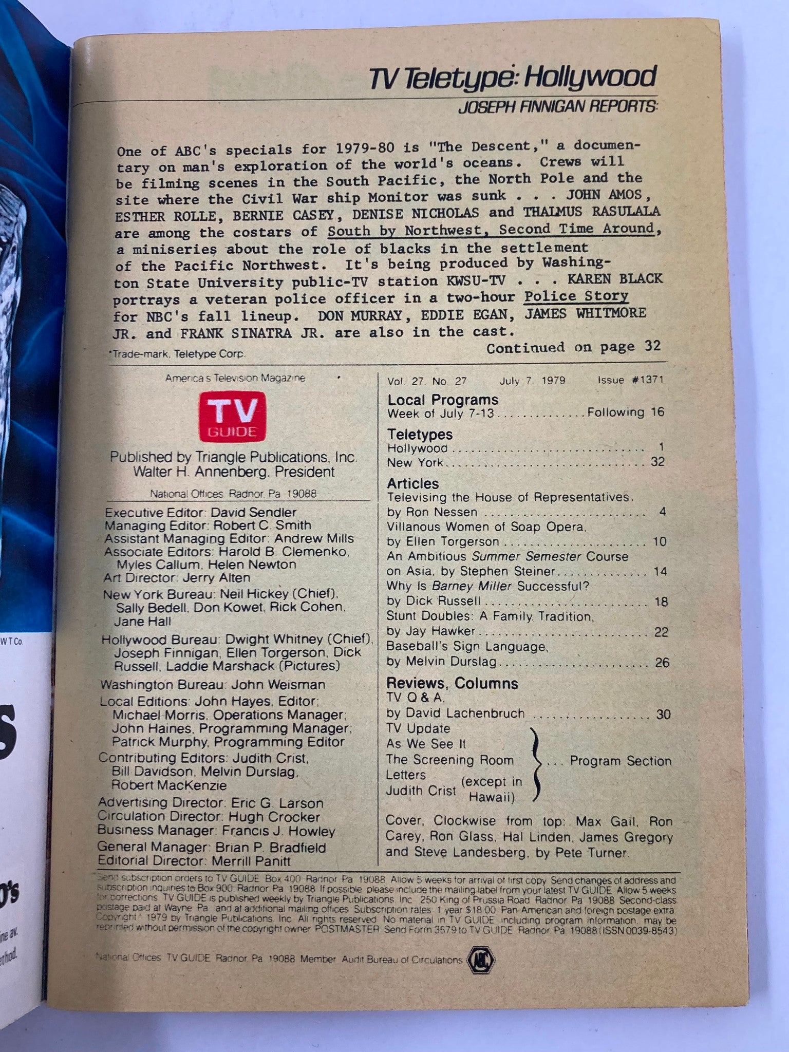 TV Guide Magazine July 7 1979 interior page detailing TV teletypes, including programs for the week of July 7-13, highlighting classic entertainment.