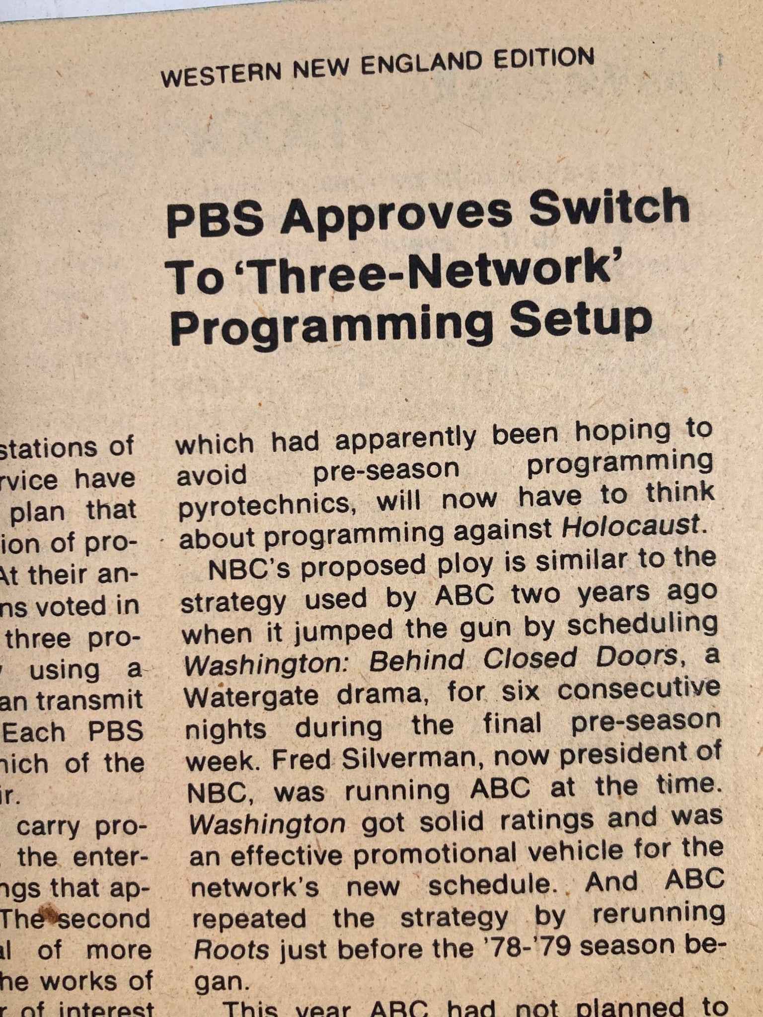 Western New England Edition of TV Guide Magazine from July 7, 1979, featuring an article about PBS's switch to a 'Three-Network' programming setup, discussing historical television strategies and the impact on programming during that era.