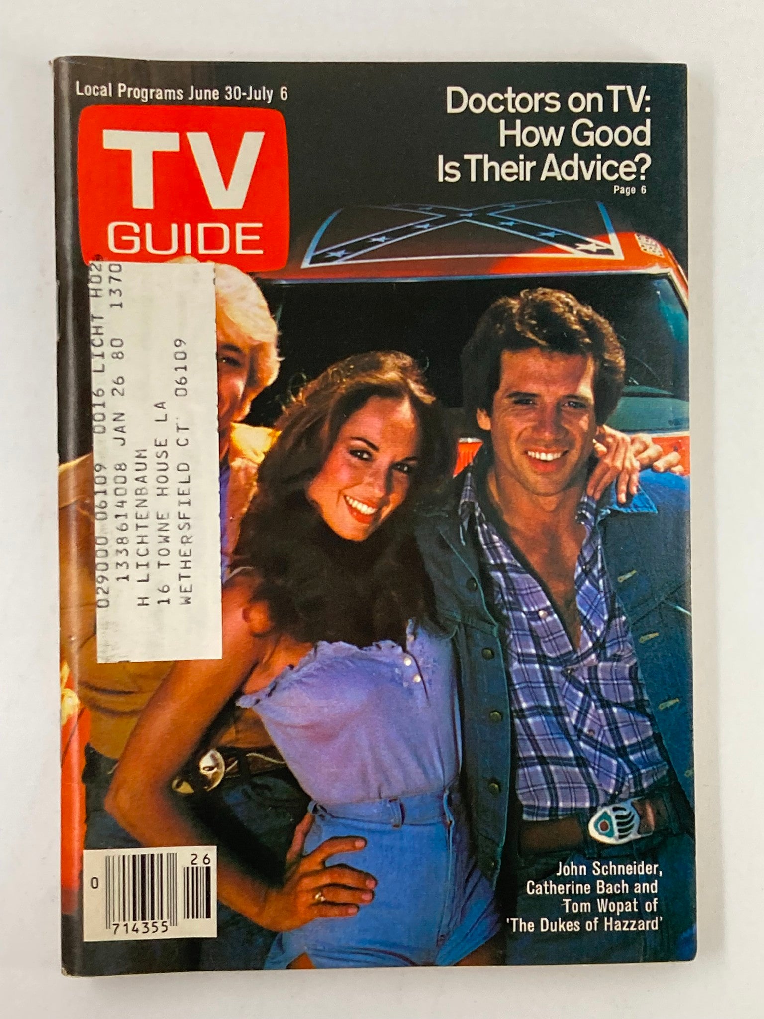 Cover of TV Guide Magazine June 30 1979, featuring John Schneider, Catherine Bach, and Tom Wopat from 'Dukes of Hazzard', showcasing local programs and TV insights.