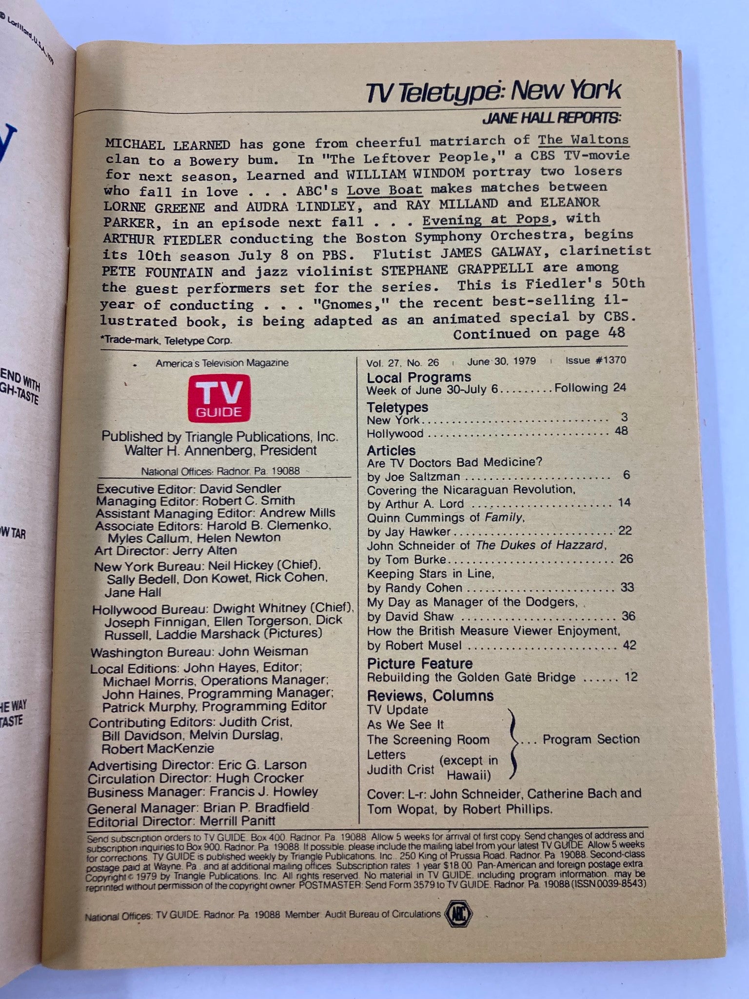 Inside page of TV Guide Magazine June 30 1979, displaying TV Teletype reports and programming details from the time, providing a glimpse into late 1970s television culture.