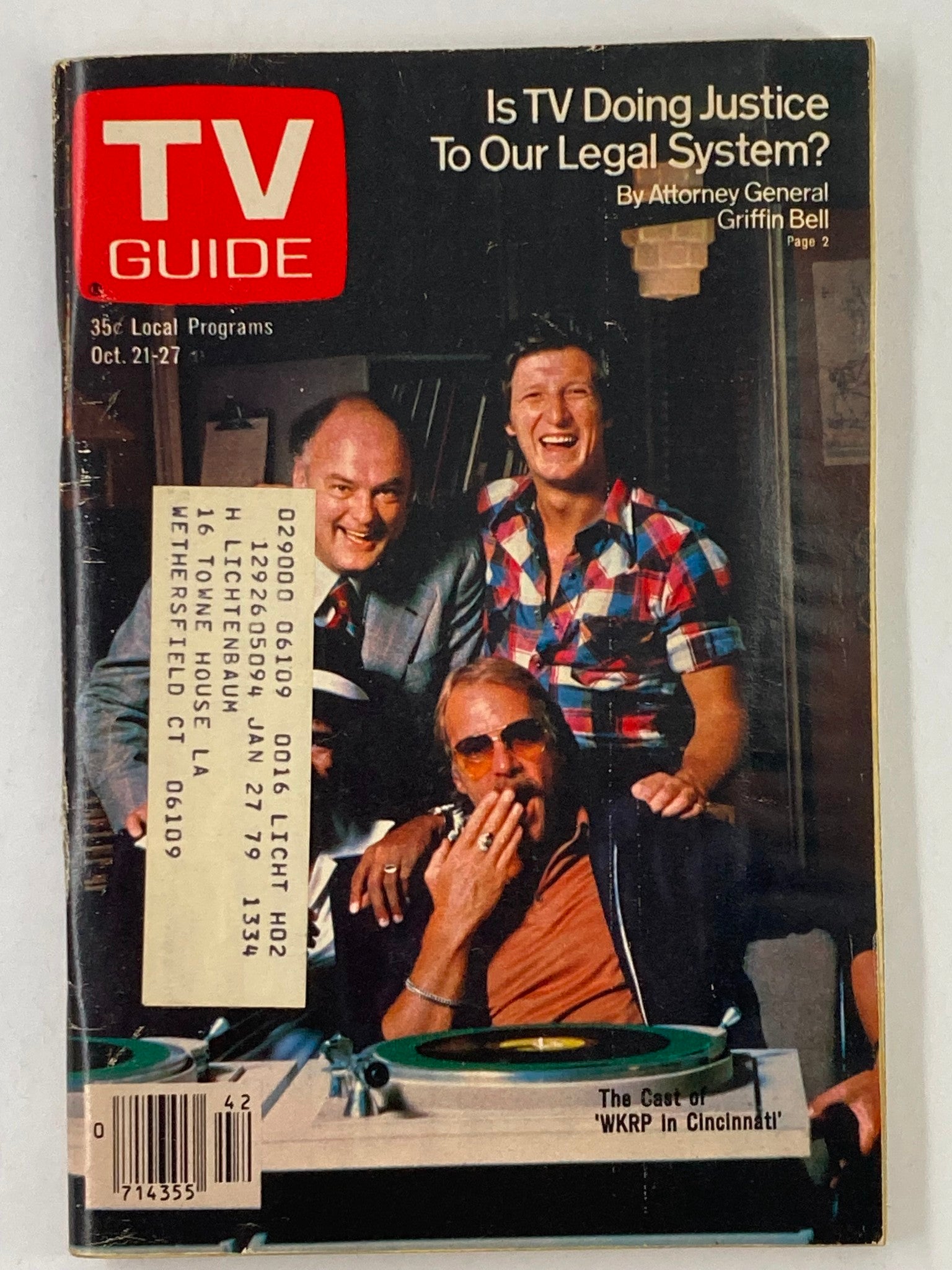 Cover of TV Guide Magazine October 21 1978 #1334 featuring Gordon Jump and the cast of WKRP in Cincinnati, showcasing articles and local program listings.