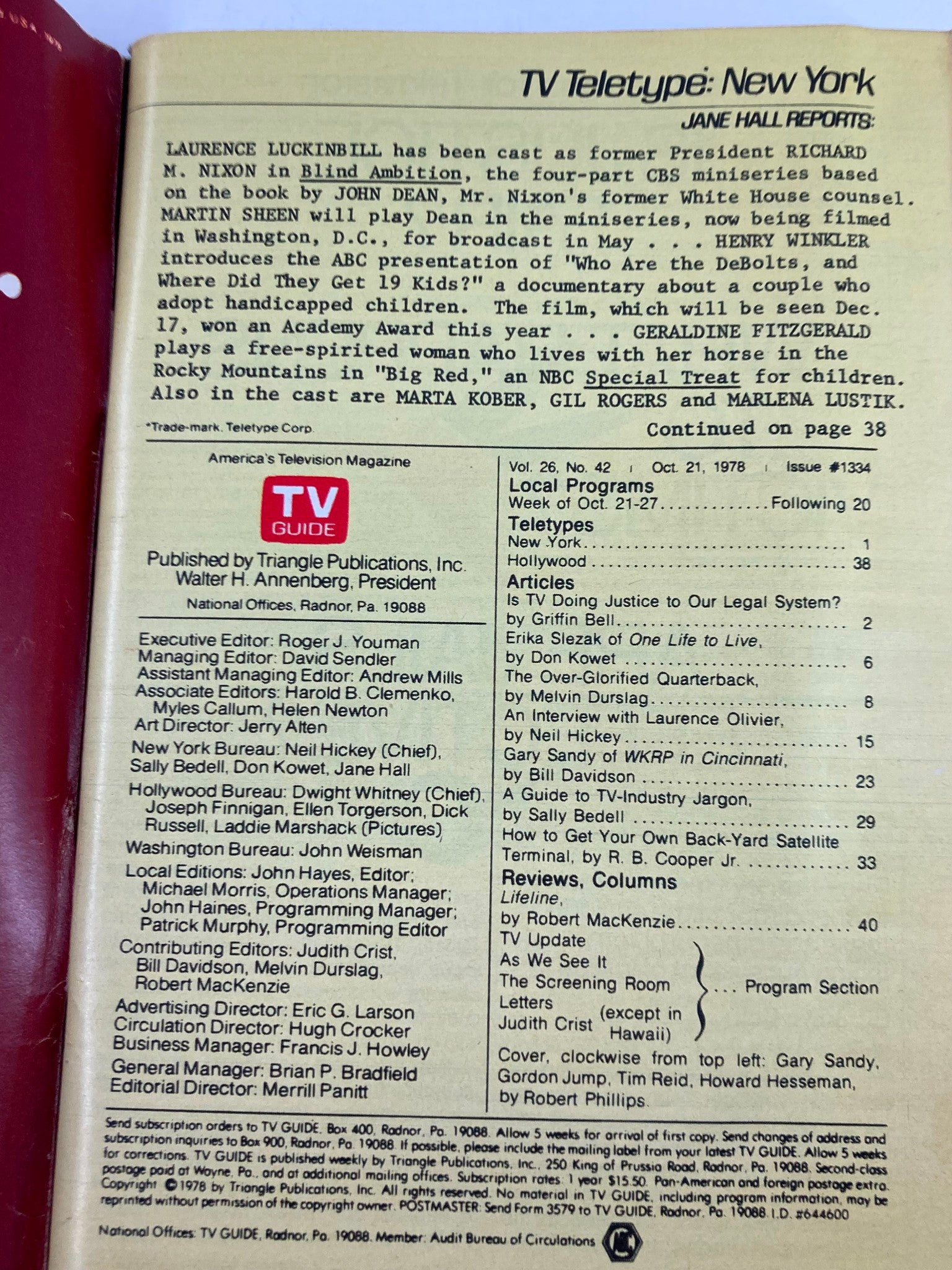 Inside page of TV Guide Magazine October 21 1978 #1334 with detailed articles about television shows and programming during that week.