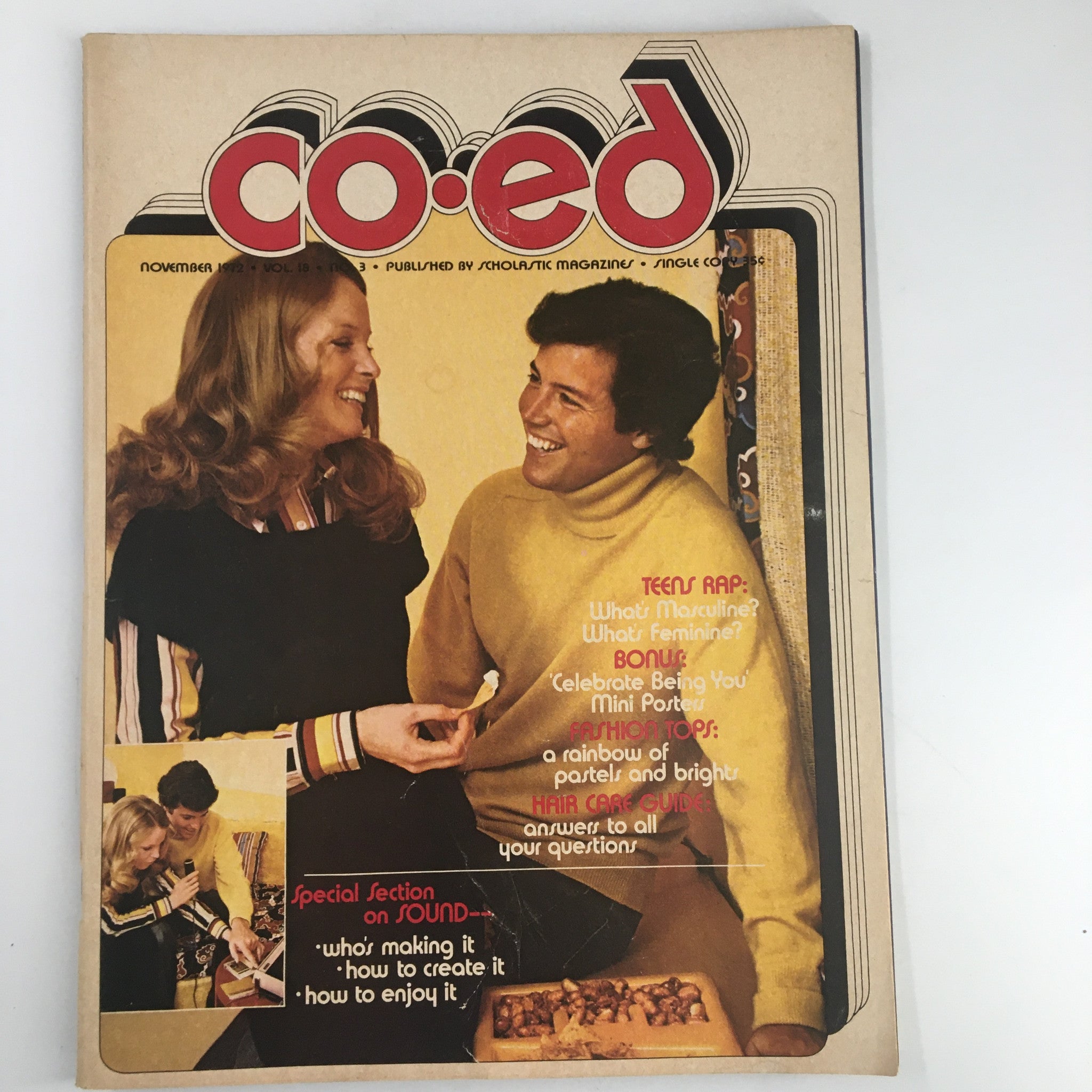 Cover image of VTG Co-Ed Magazine from November 1972 showcasing a vibrant design with pastels and bright colors, featuring a smiling couple, illustrative elements, and engaging headlines that reflect the youthful spirit and cultural trends of the early 1970s.