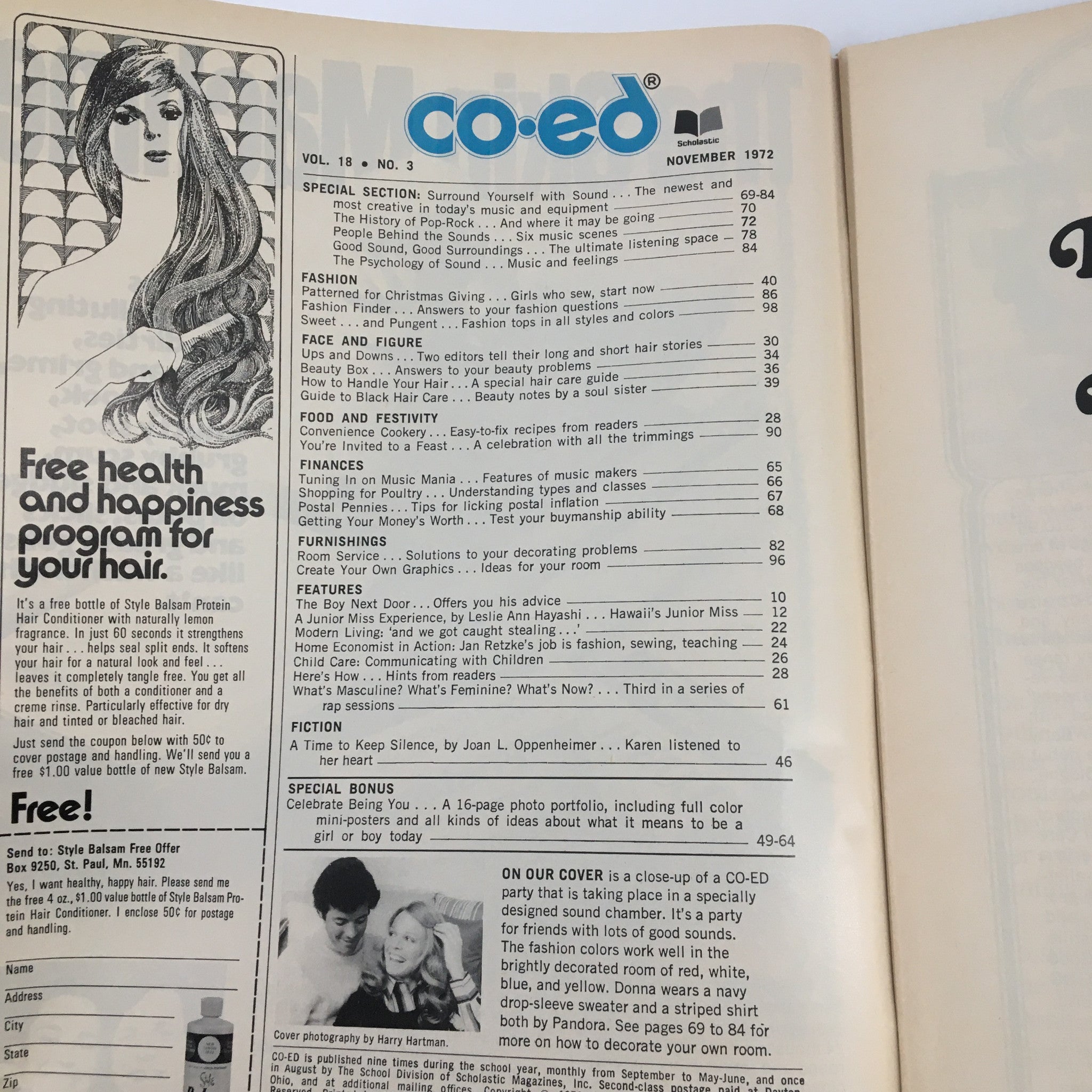Inside view of the VTG Co-Ed Magazine November 1972 featuring articles on fashion, health, and culture. Contains the magazine's contents including sections on music, cooking, and life advice, complemented by a stylish illustration of a woman with long hair.