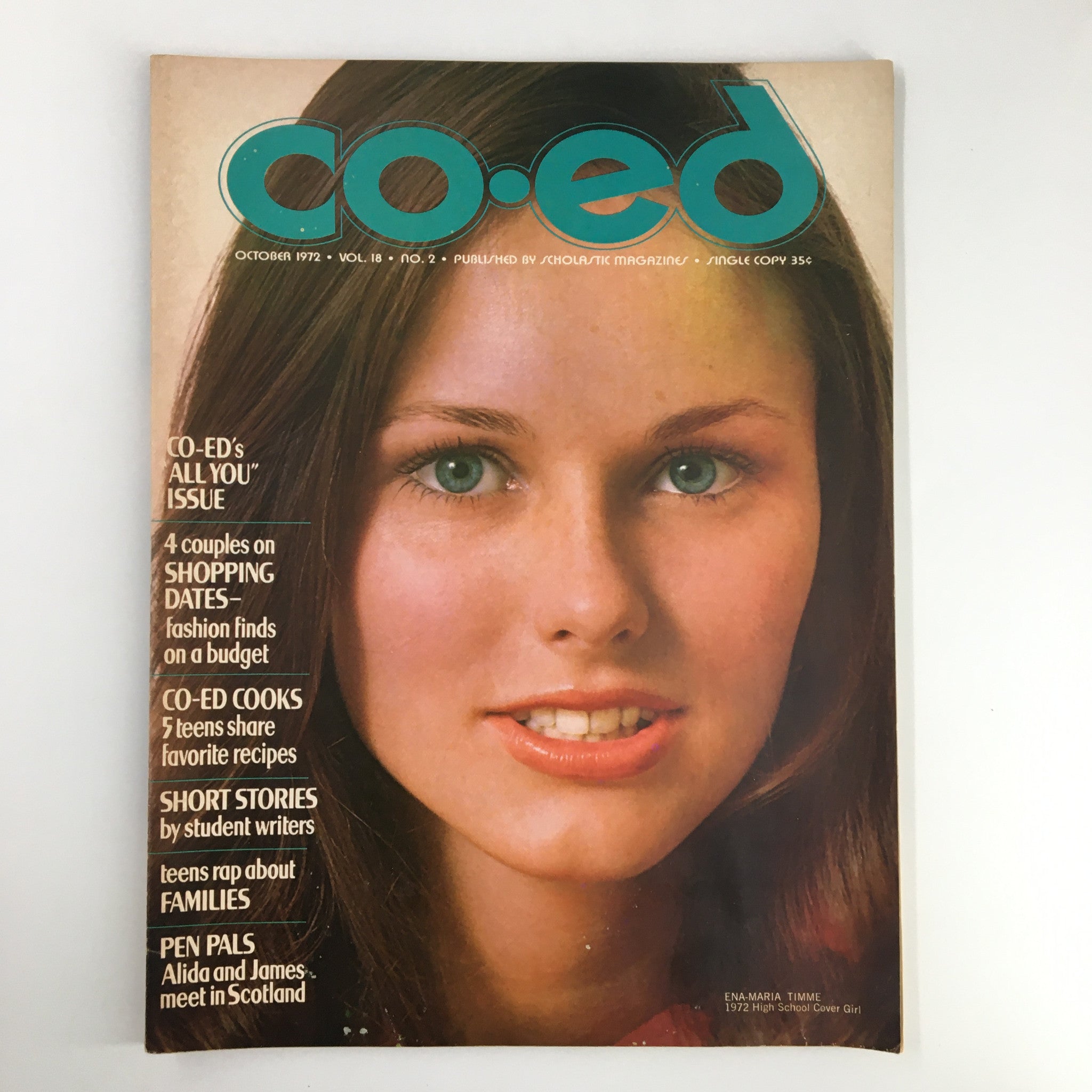 Vintage Co-Ed Magazine from October 1972 featuring Ena-Maria Timme as High School Cover Girl, showcasing youth culture with a focus on fashion and societal trends from the early 70s.