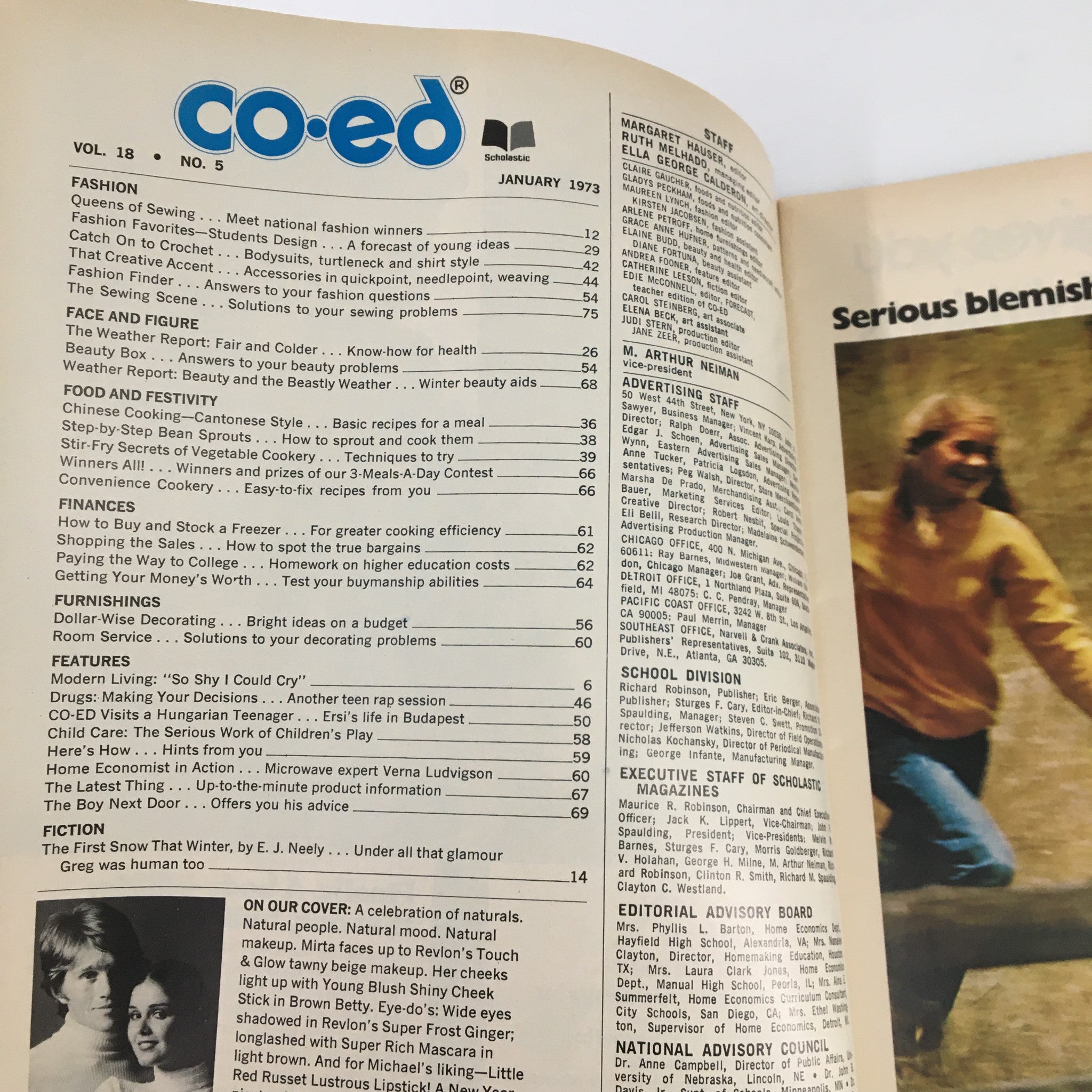 Inside page of VTG Co-Ed Magazine January 1973 showcasing the table of contents, highlighting articles on fashion, food, finances, and a feature on drug-related decisions.