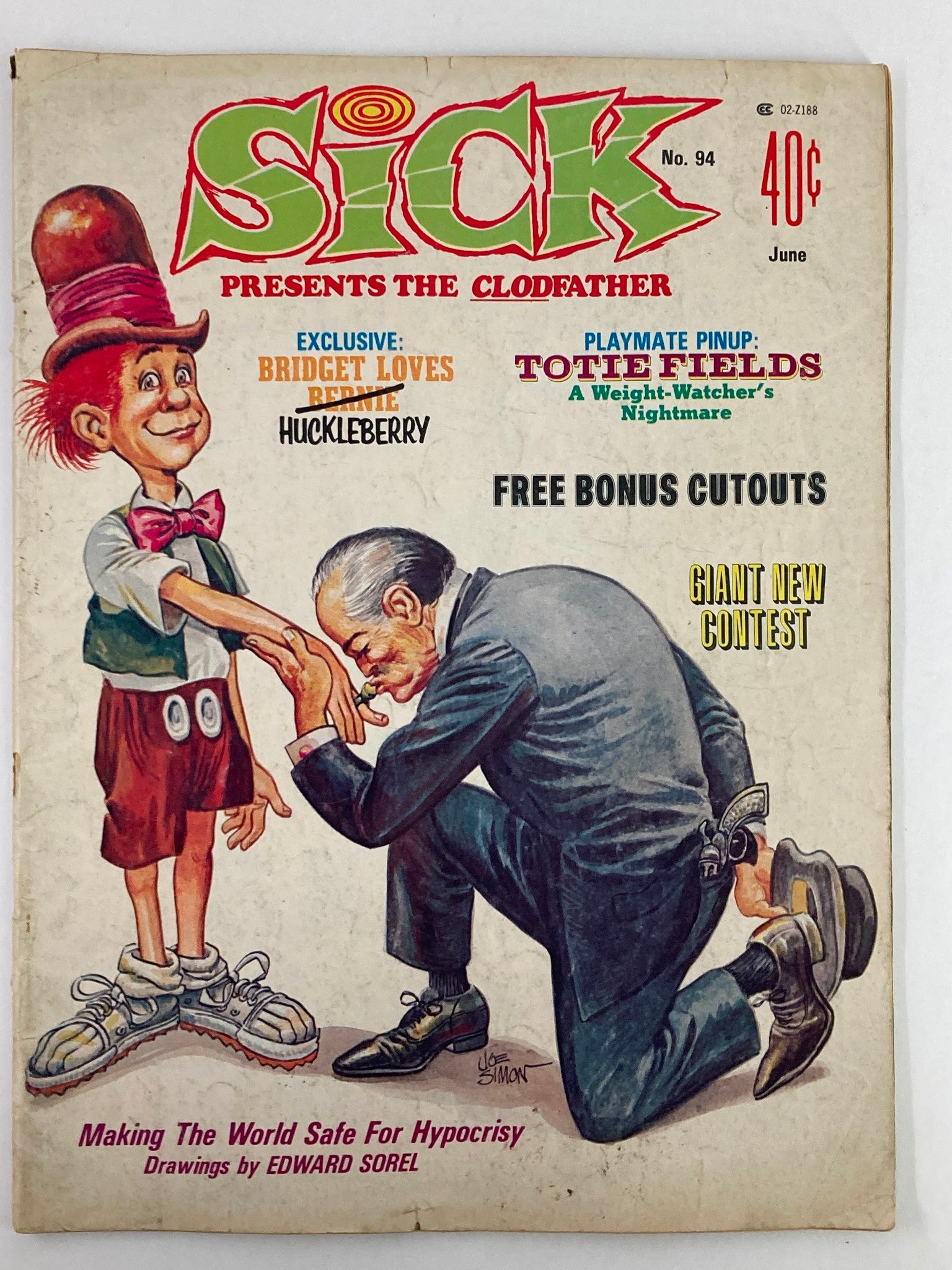 Cover of the VTG Sick Magazine June 1973 Vol 13 #2 featuring the illustration of a humorous scene with characters related to 'Bridget Loves Huckleberry'.