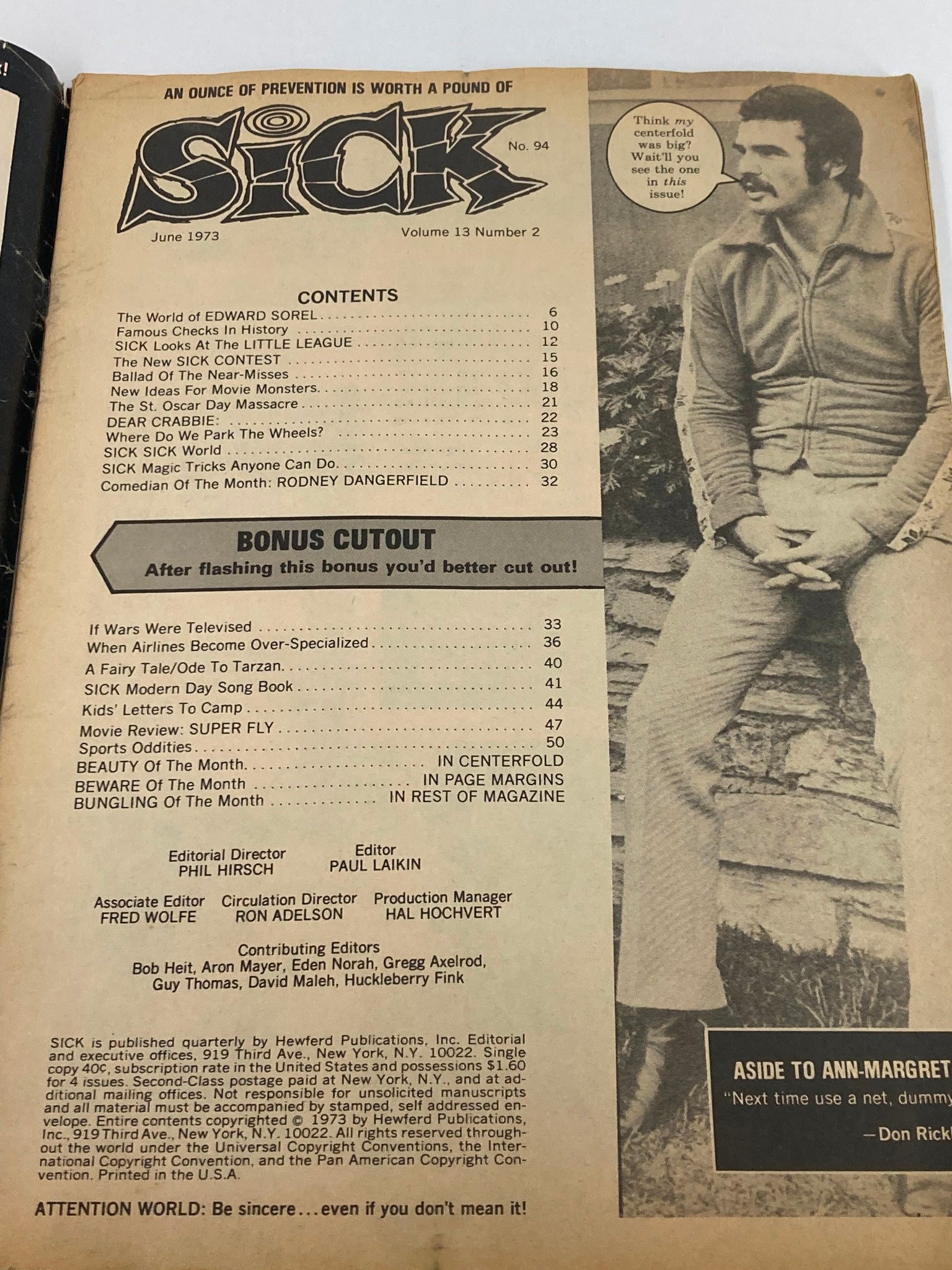 Cover page of VTG Sick Magazine June 1973 Vol 13 #2 featuring the title, contents list, and images of characters including an illustration of a man with a mustache.