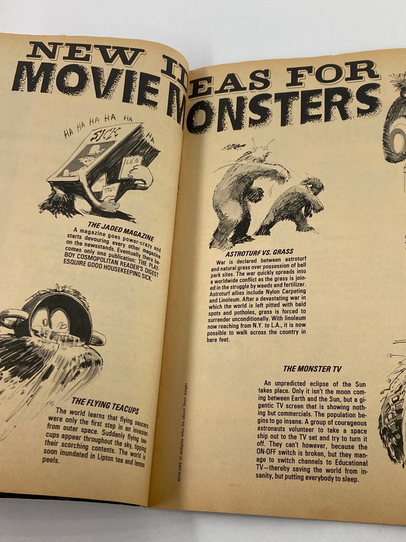 Inside page of VTG Sick Magazine June 1973 Vol 13 #2 showcasing humor about monsters with cartoon illustrations related to movie themes and funny commentary.