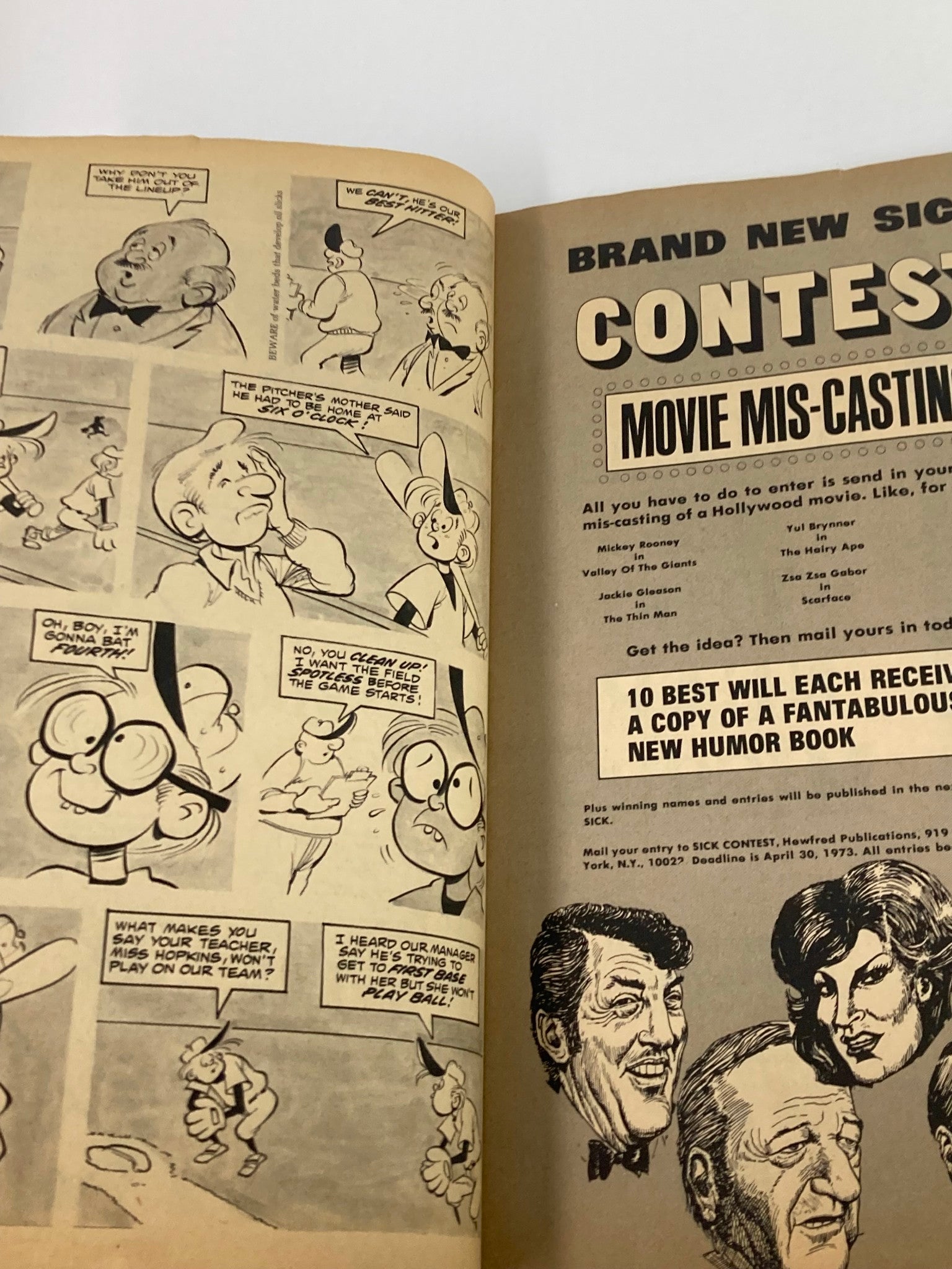 Another inside page of VTG Sick Magazine June 1973 Vol 13 #2 displaying a cartoon contest announcement about movie miscasting with various character illustrations.
