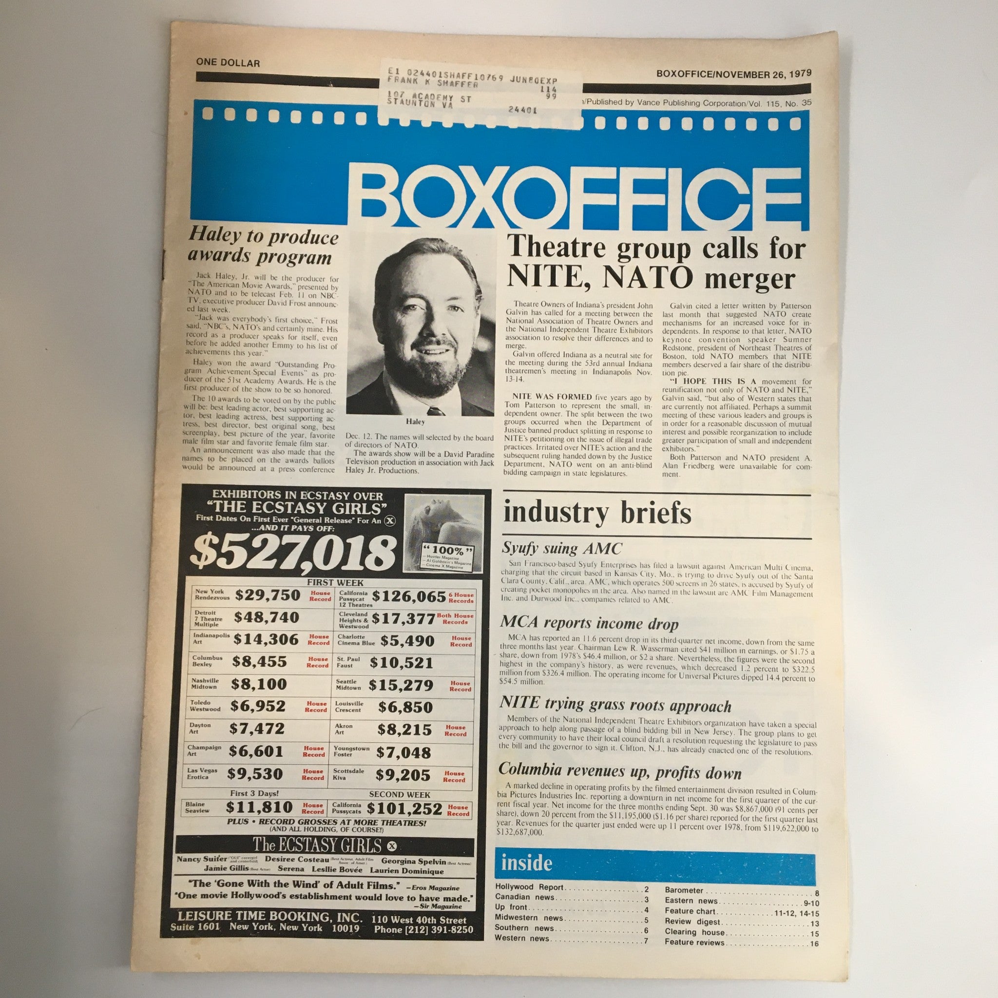 Front cover of Box Office Magazine, November 26, 1979, featuring Jack Haley Jr. Produce Awards Program, showcasing a headline about awards in film, industry briefs, and advertising for 'The Ecstasy Girls'.