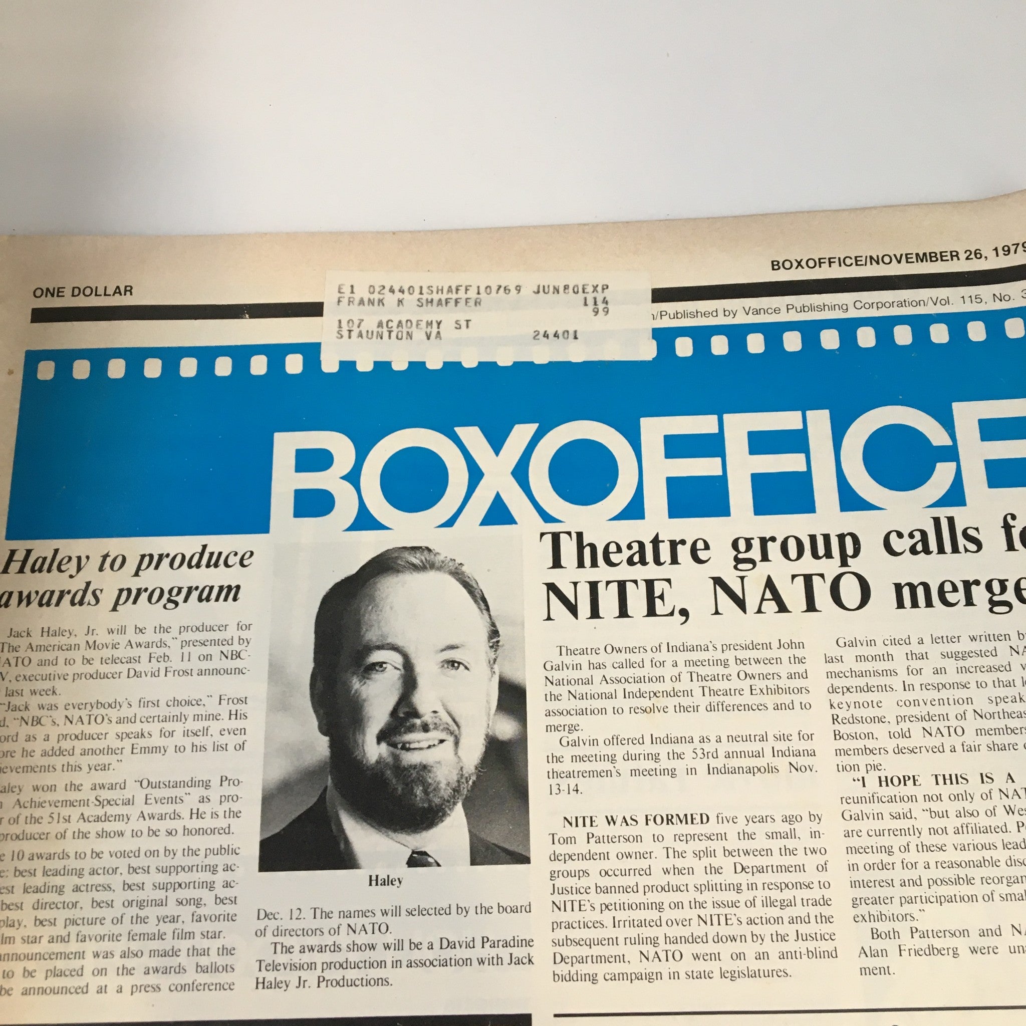 Close-up of the front cover of Box Office Magazine, November 26, 1979, highlighting Jack Haley Jr. Produce Awards Program and a prominent article about the merger of theatre groups NITE and NATO.