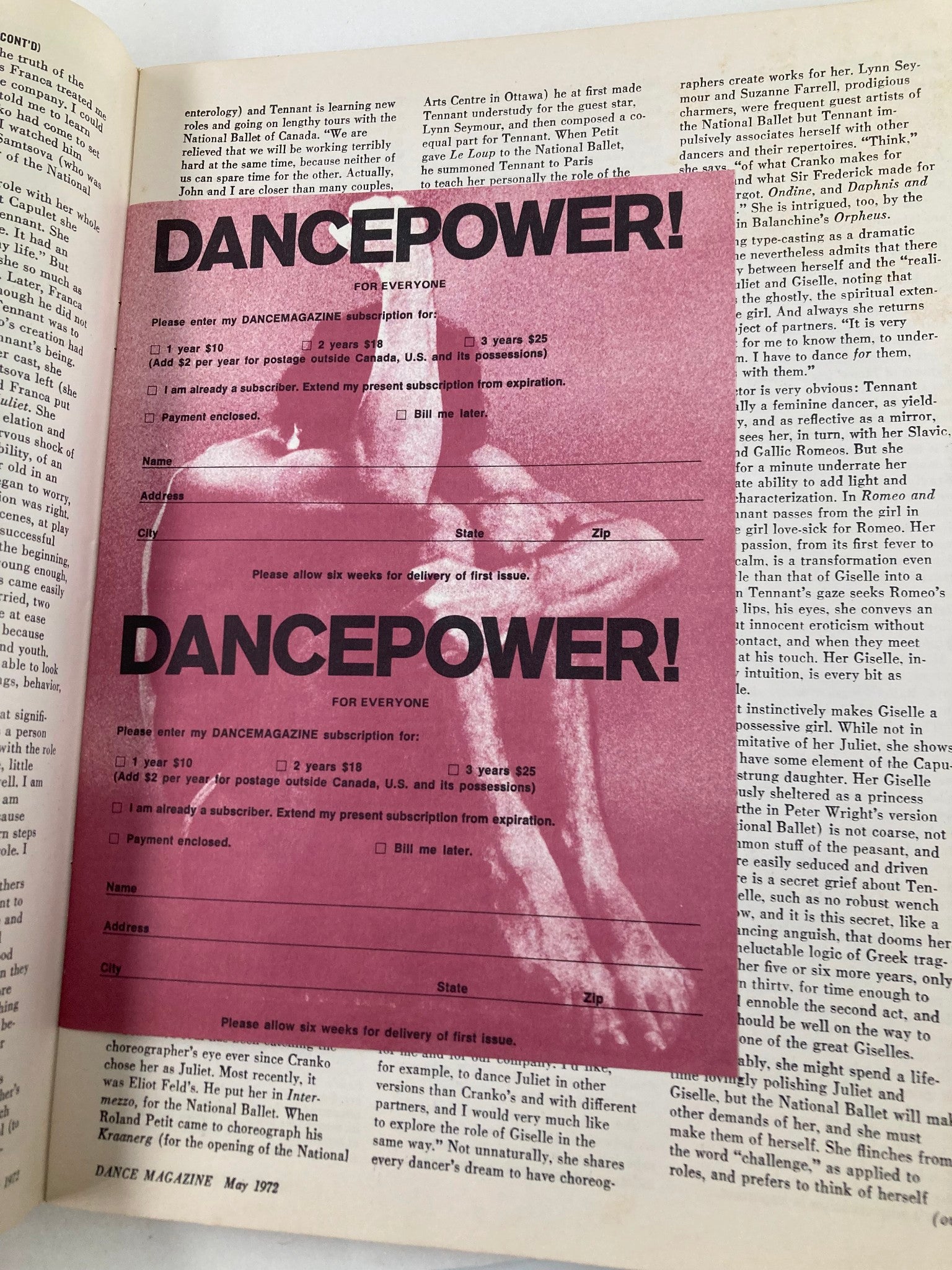 Inside page of VTG Dance Magazine May 1972 featuring a subscription form for DANCEPOWER! showcasing dance history and culture.