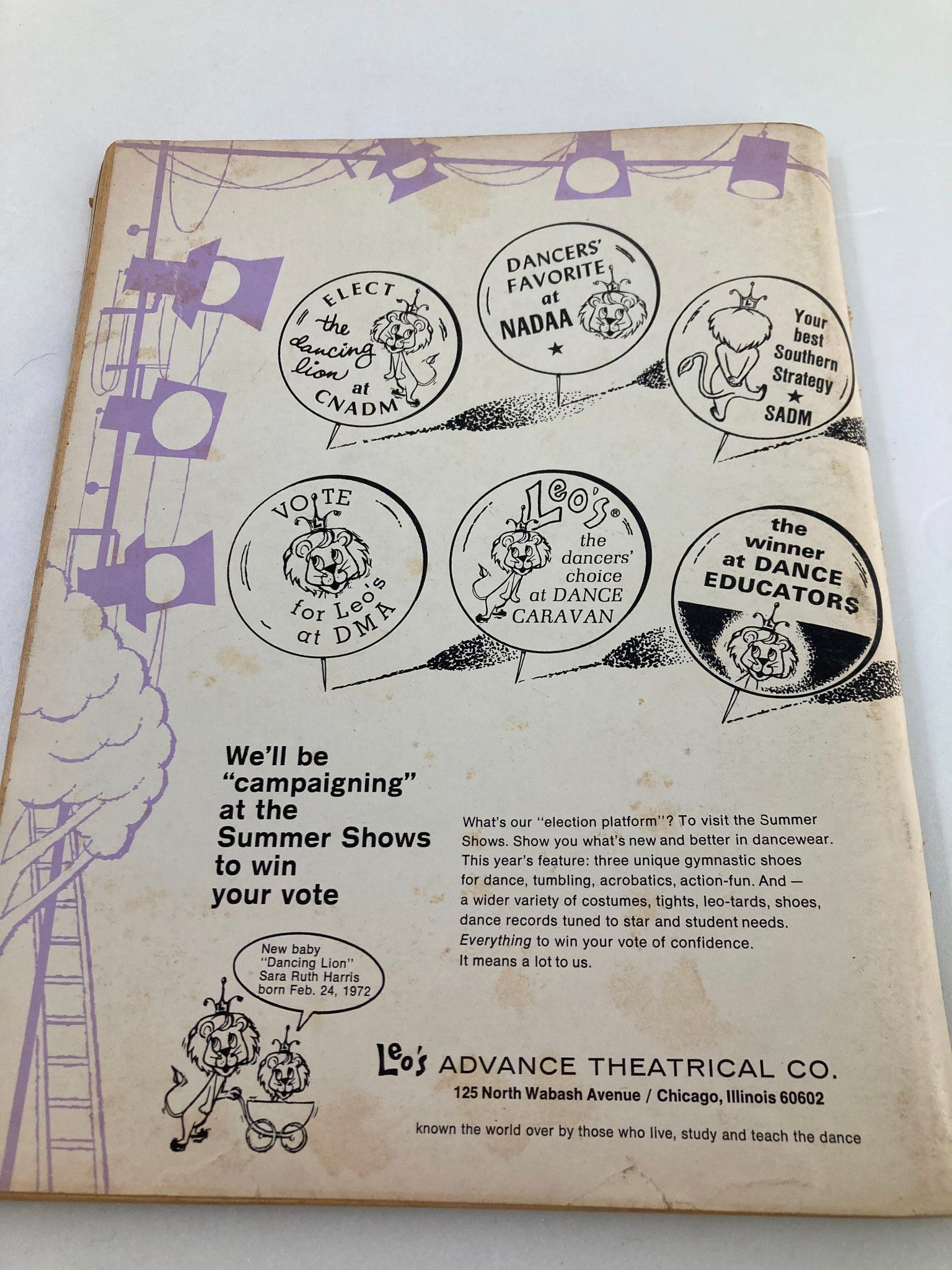 Back cover of VTG Dance Magazine May 1972 displaying advertisements for dance wear and promotions for Leo's Advance Theatrical Co.