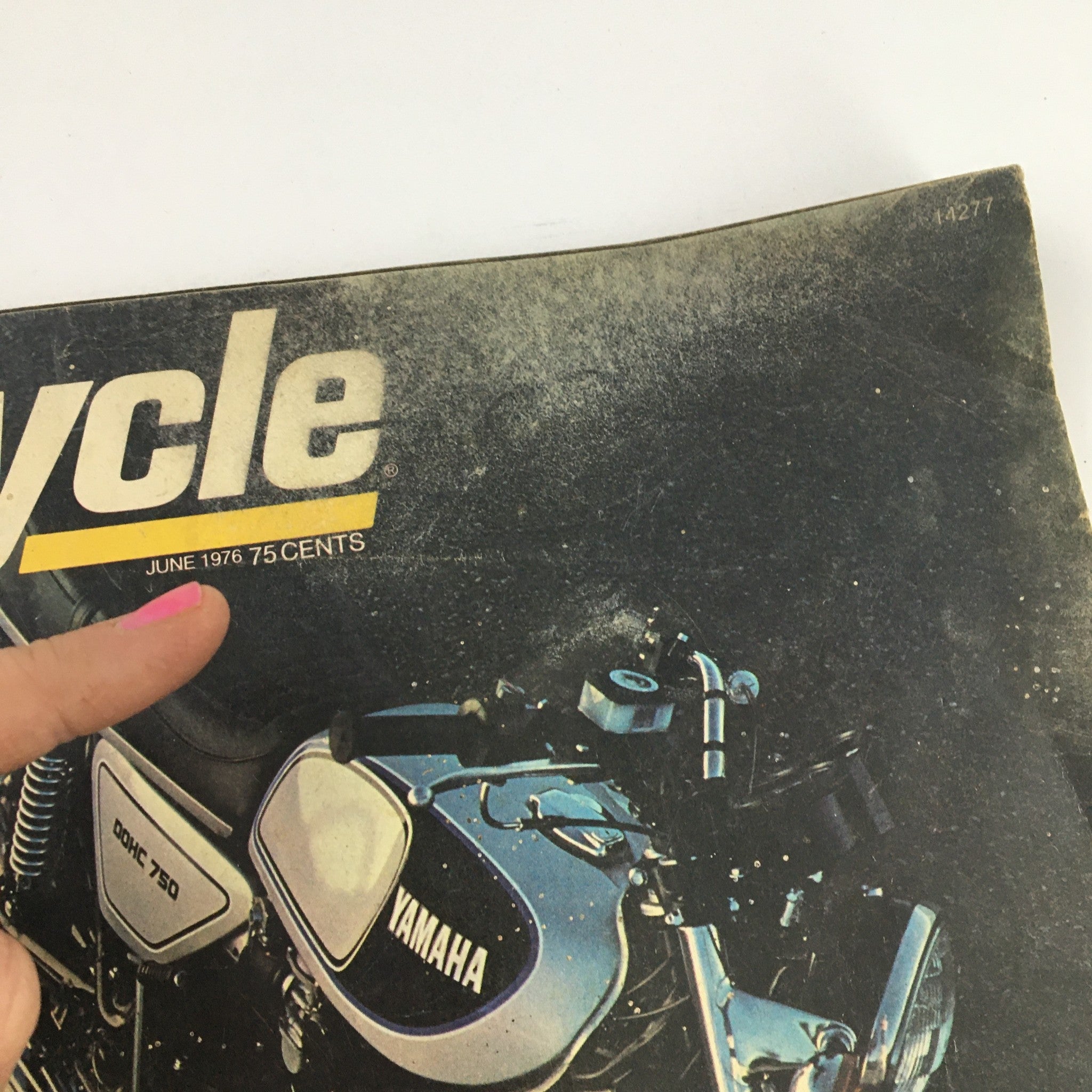 Close-up of Cycle Magazine June 1976 cover, highlighting the title and date, featuring Yamaha XS750D Triple and Penton 250 MC 5 Moiseev Replica.