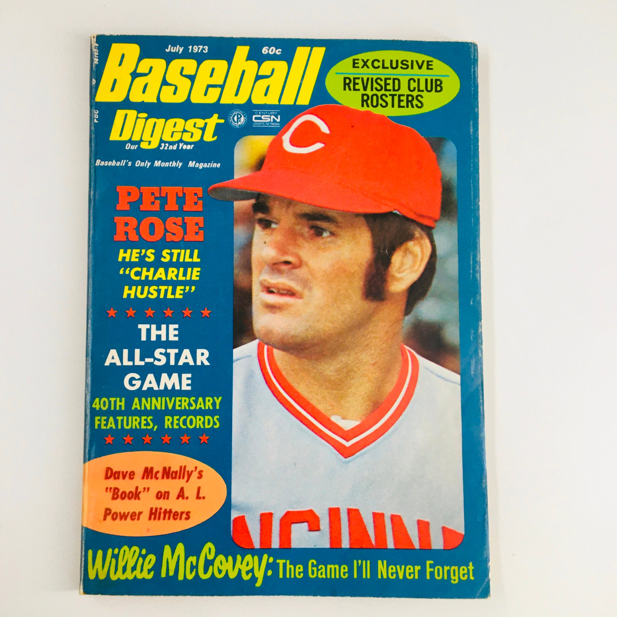 VTG Baseball Digest Magazine July 1973 featuring Pete Rose and Willie McCovey on the cover, highlighting their contributions to baseball history and the excitement of the All-Star Game.