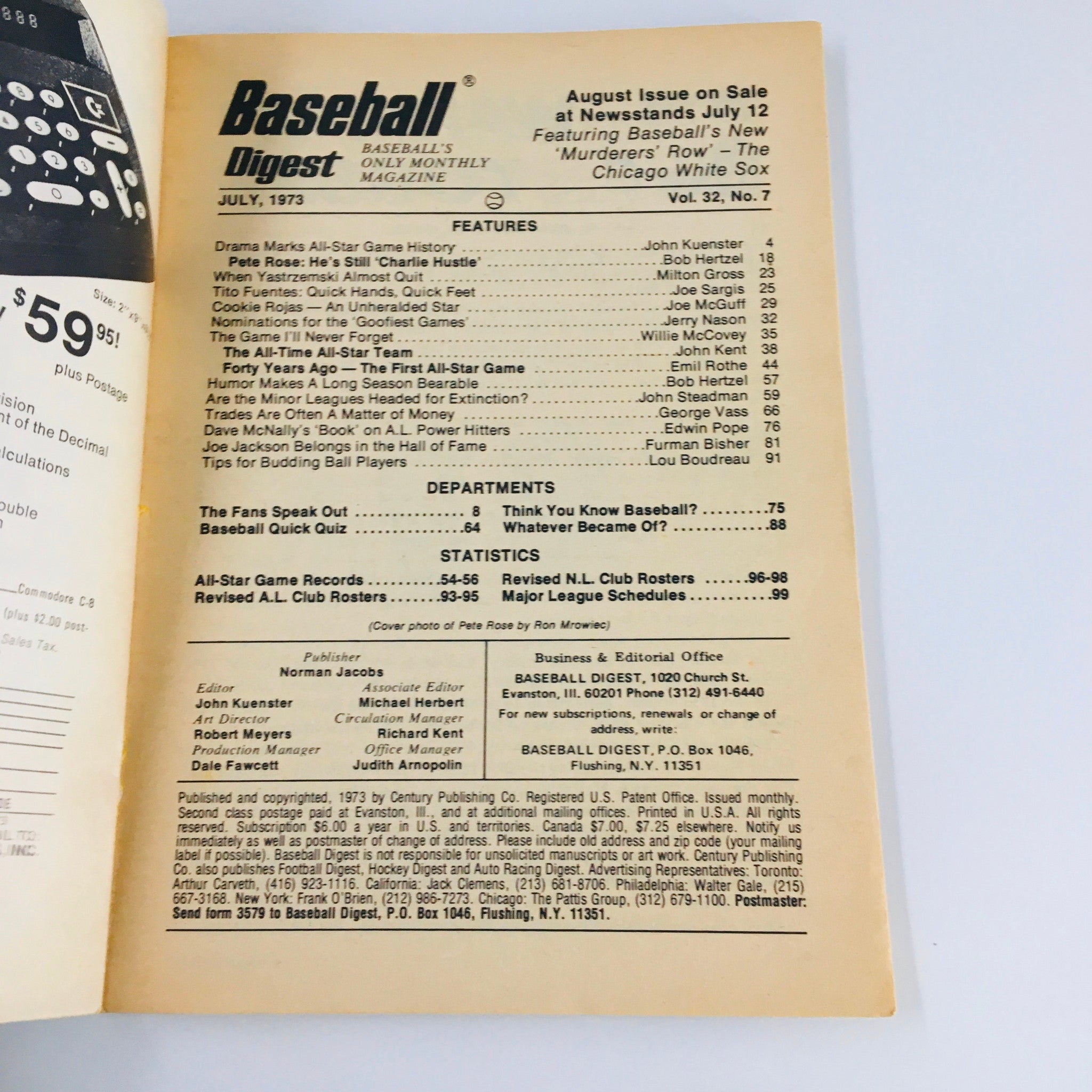 Interior page of the VTG Baseball Digest Magazine July 1973 featuring article titles and contributors, highlighting iconic baseball figures including Pete Rose and Willie McCovey.