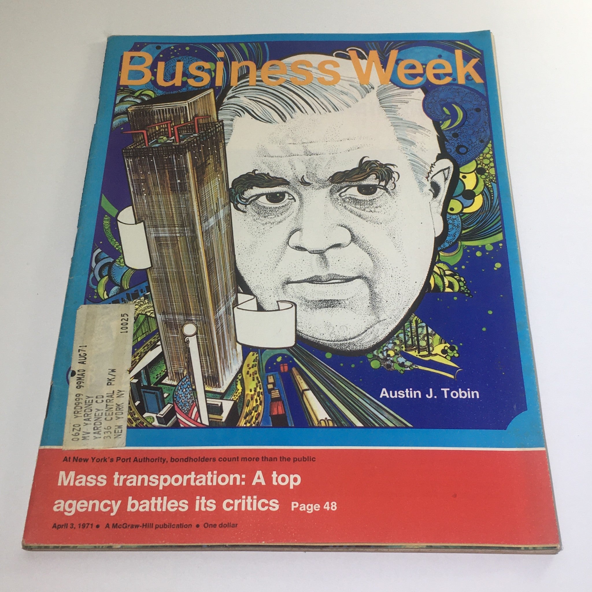 Cover of Business Week Magazine from April 3, 1971, featuring a portrait illustration of Austin J. Tobin and the headline on mass transportation. The magazine showcases an engaging graphic design with colorful elements, highlighting important topics of transportation agencies and urban planning.