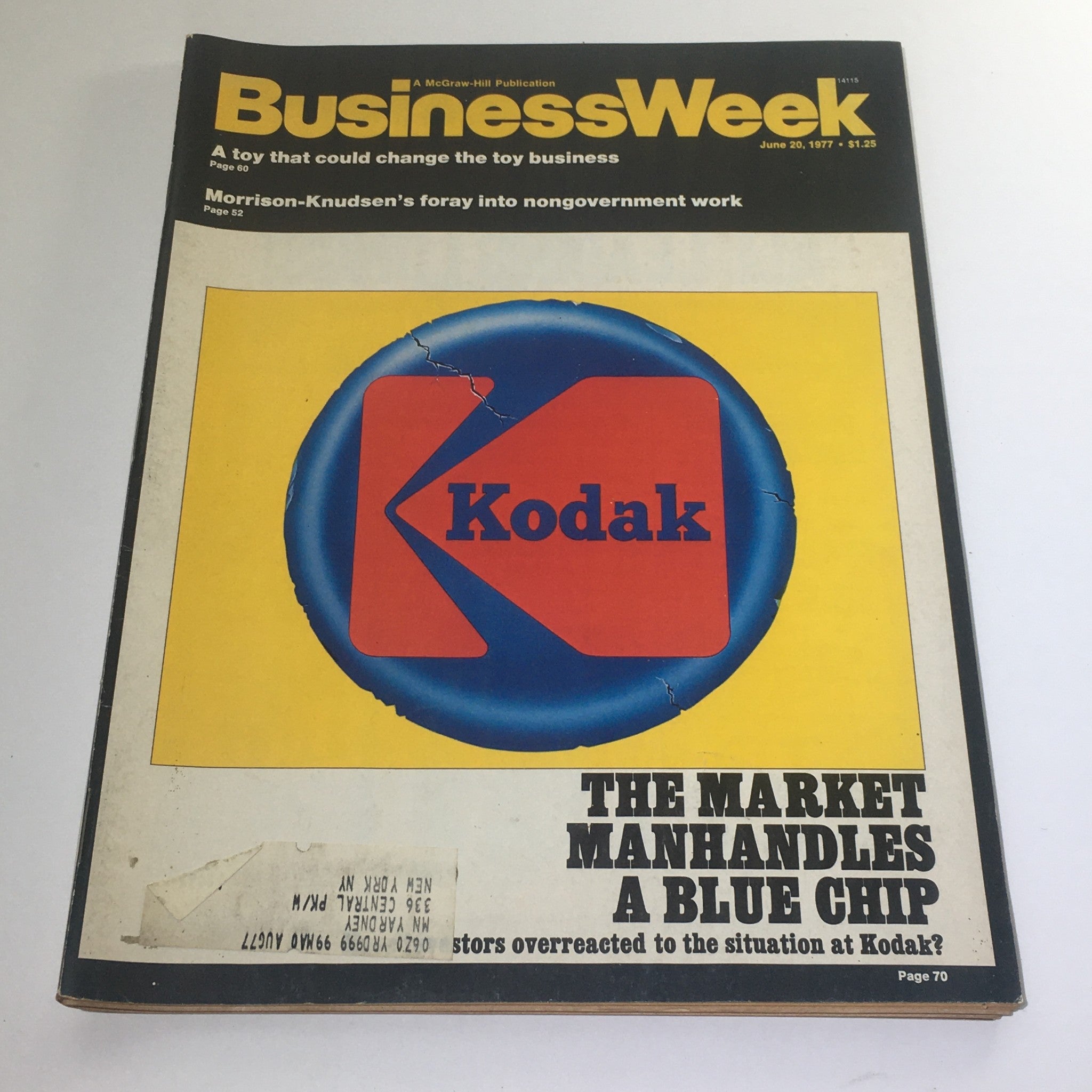 Cover of Business Week Magazine dated June 20, 1977, featuring the title 'The Market Manhandles A Blue Chip' with an illustration of the Kodak logo prominently displayed.