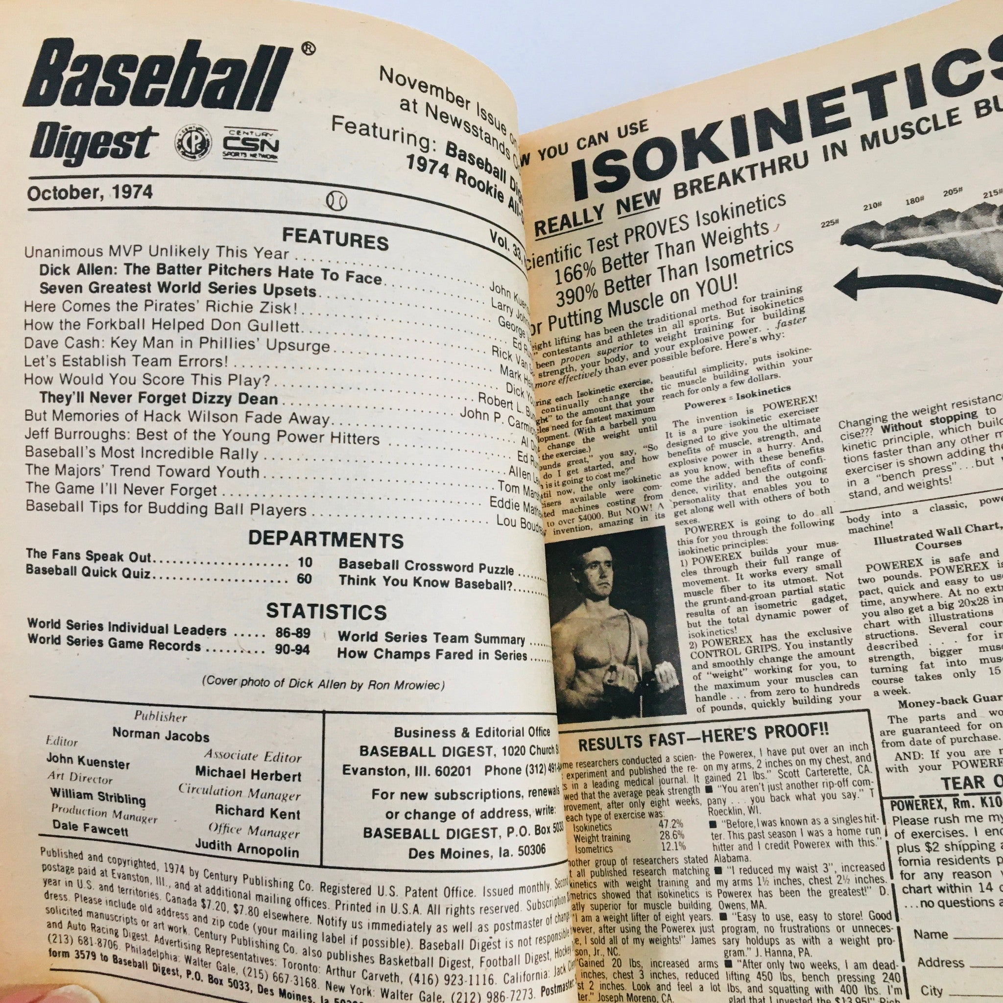 Inside page of the VTG Baseball Digest Magazine October 1974, listing features including Dick Allen and articles about the seven greatest World Series upsets.