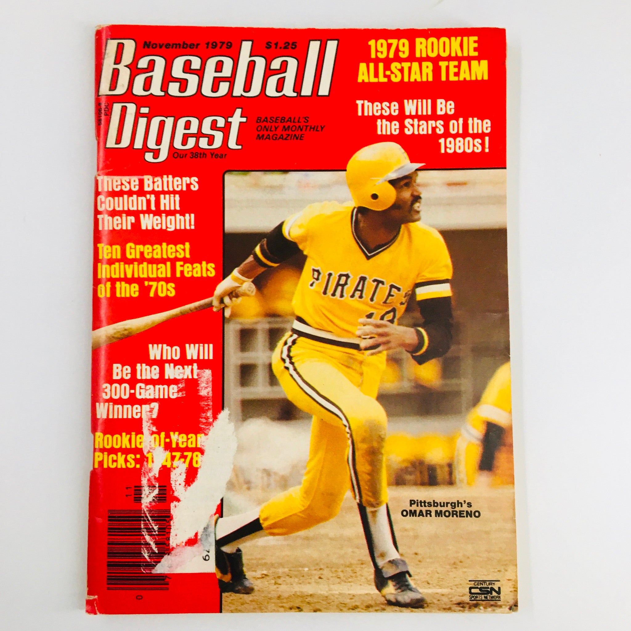 Front cover of the VTG Baseball Digest Magazine from November 1979 featuring Pittsburgh's Omar Moreno, highlighting baseball topics including the 1979 Rookie All-Star Team and best individual feats of the 1970s.