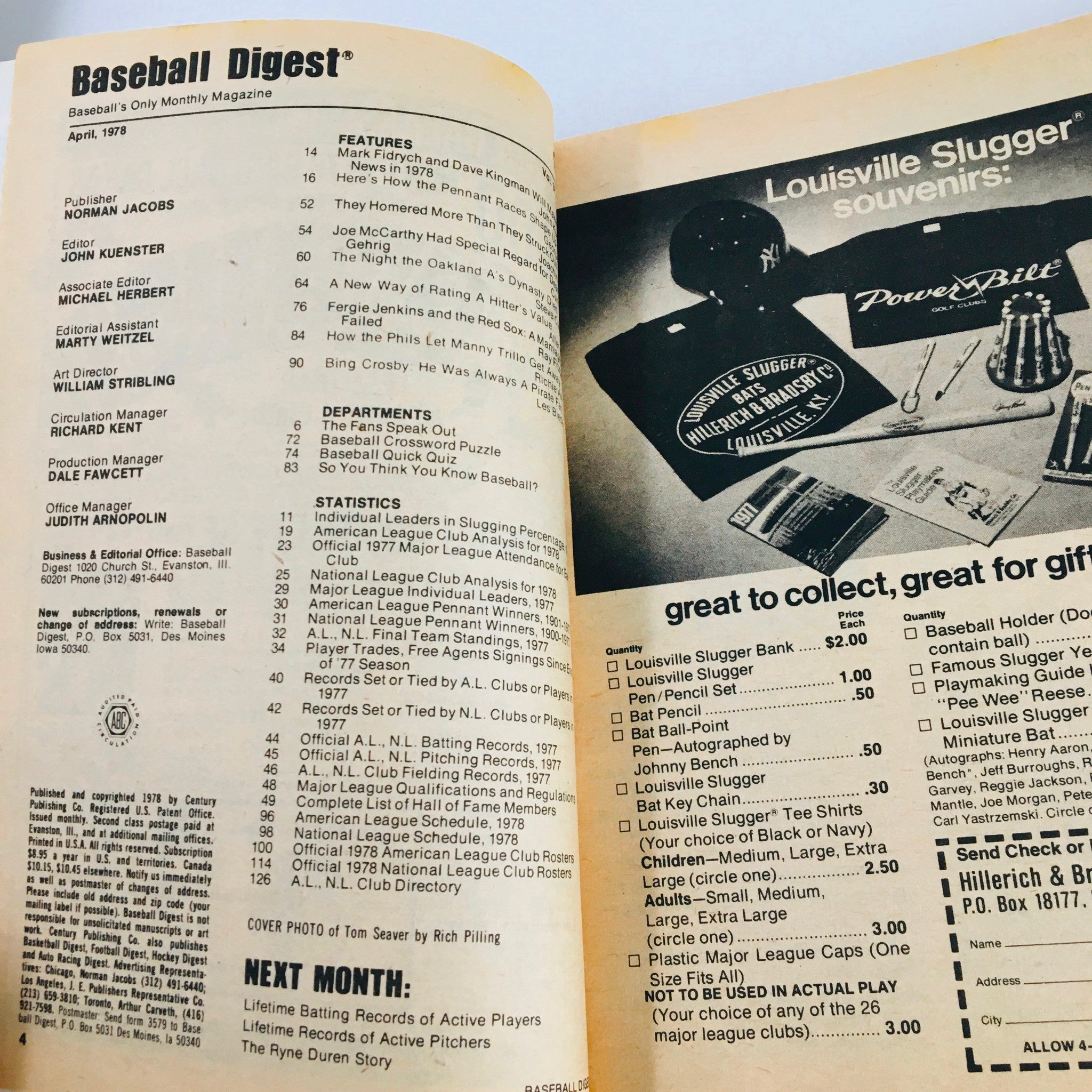 Inside page of the VTG Baseball Digest Magazine from April 1978 featuring features and advertisements, including a cover photo of Tom Seaver and a section on Louisville Slugger souvenirs, relevant to the special edition showcasing Tom Seaver and Mark Fidrych.