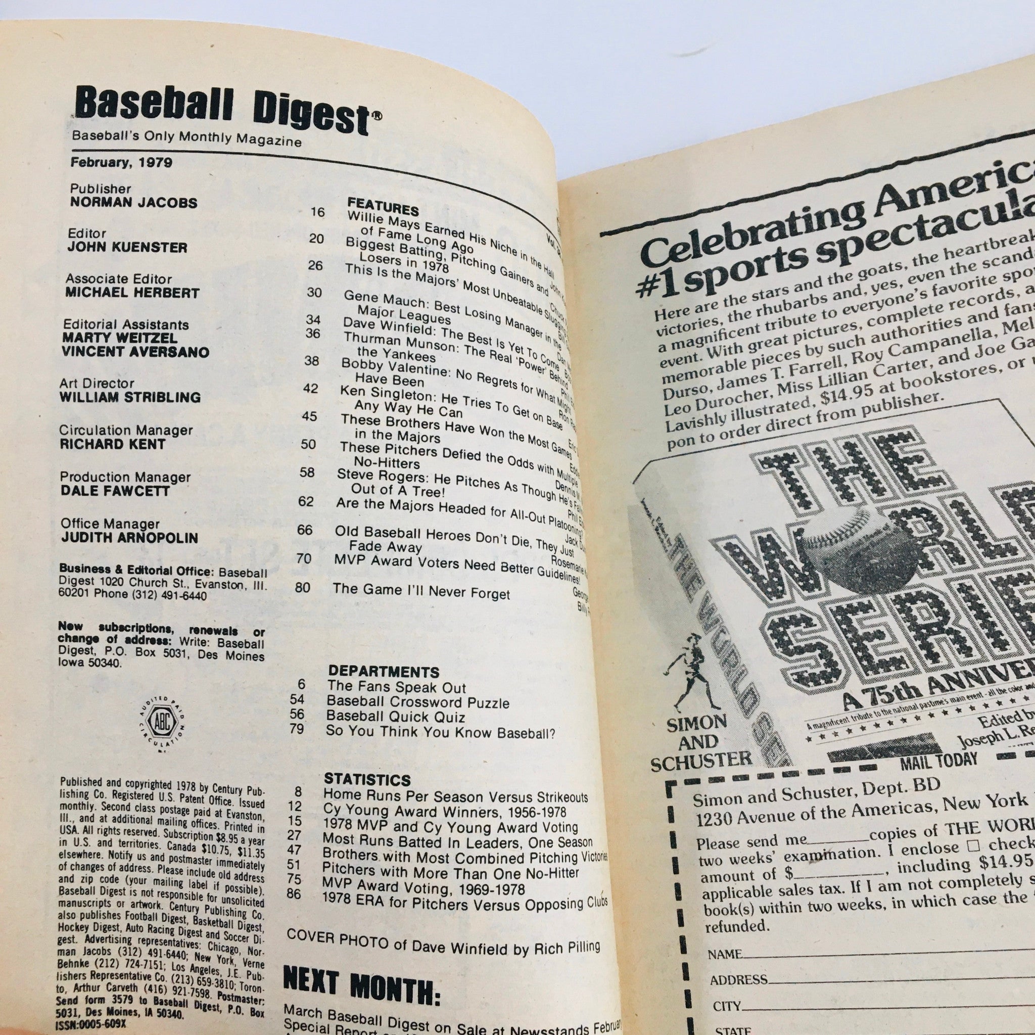 Interior page of VTG Baseball Digest Magazine February 1979, detailing magazine features and statistics. Includes a focus on baseball culture of the late 1970s.