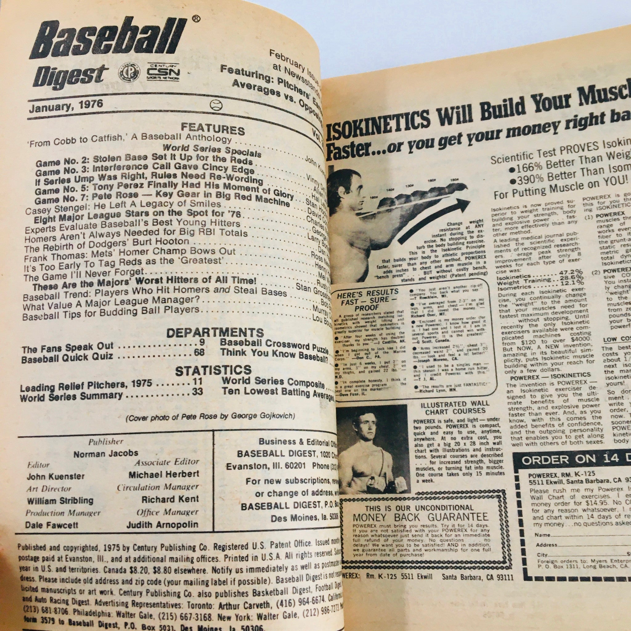 Interior page of the January 1976 Baseball Digest Magazine, showcasing features and statistics related to baseball, including Peter Rose's pivotal moments.