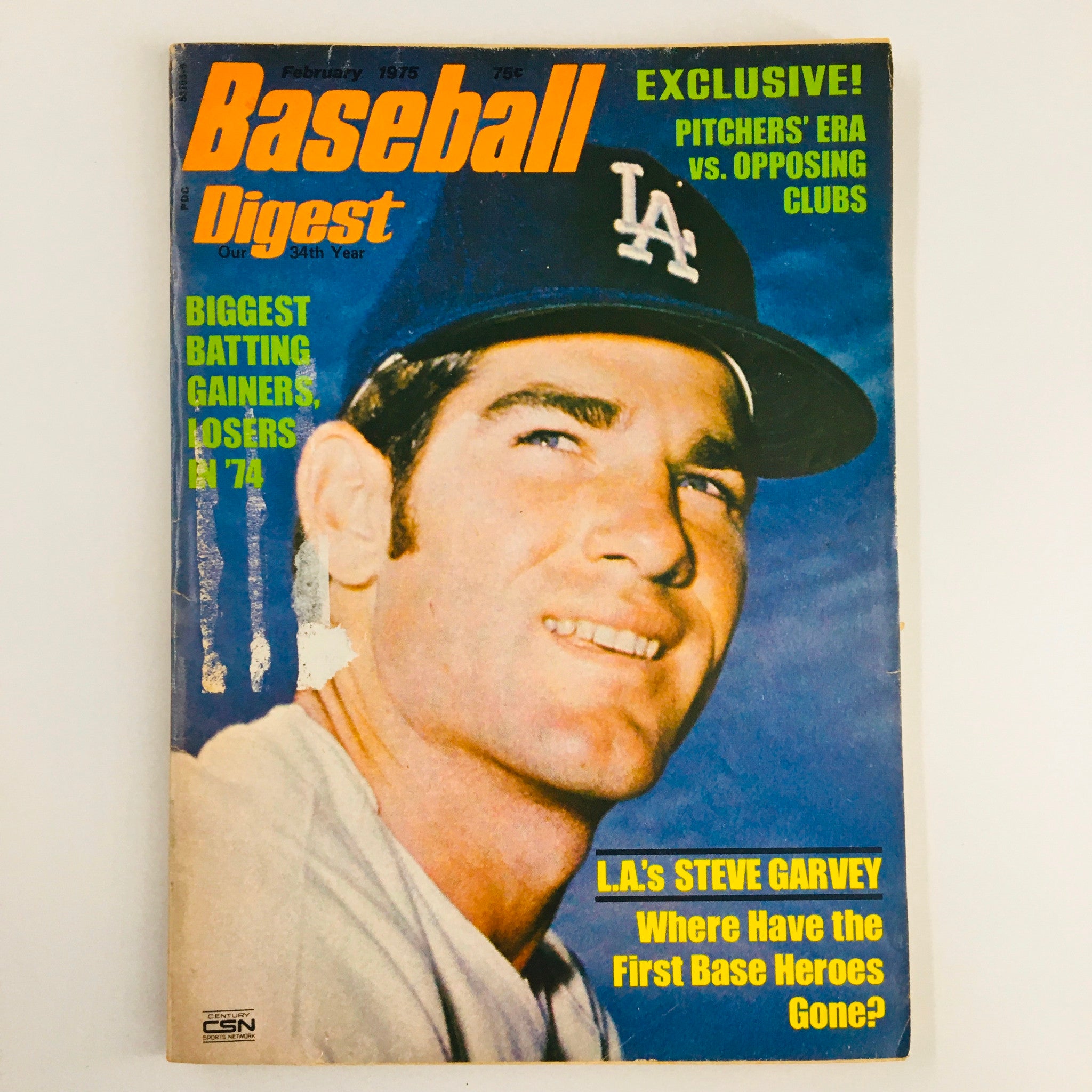Vintage Baseball Digest Magazine February 1975 featuring Los Angeles' Steve Garvey on the cover, showcasing his contribution to baseball history and nostalgic sports memorabilia.