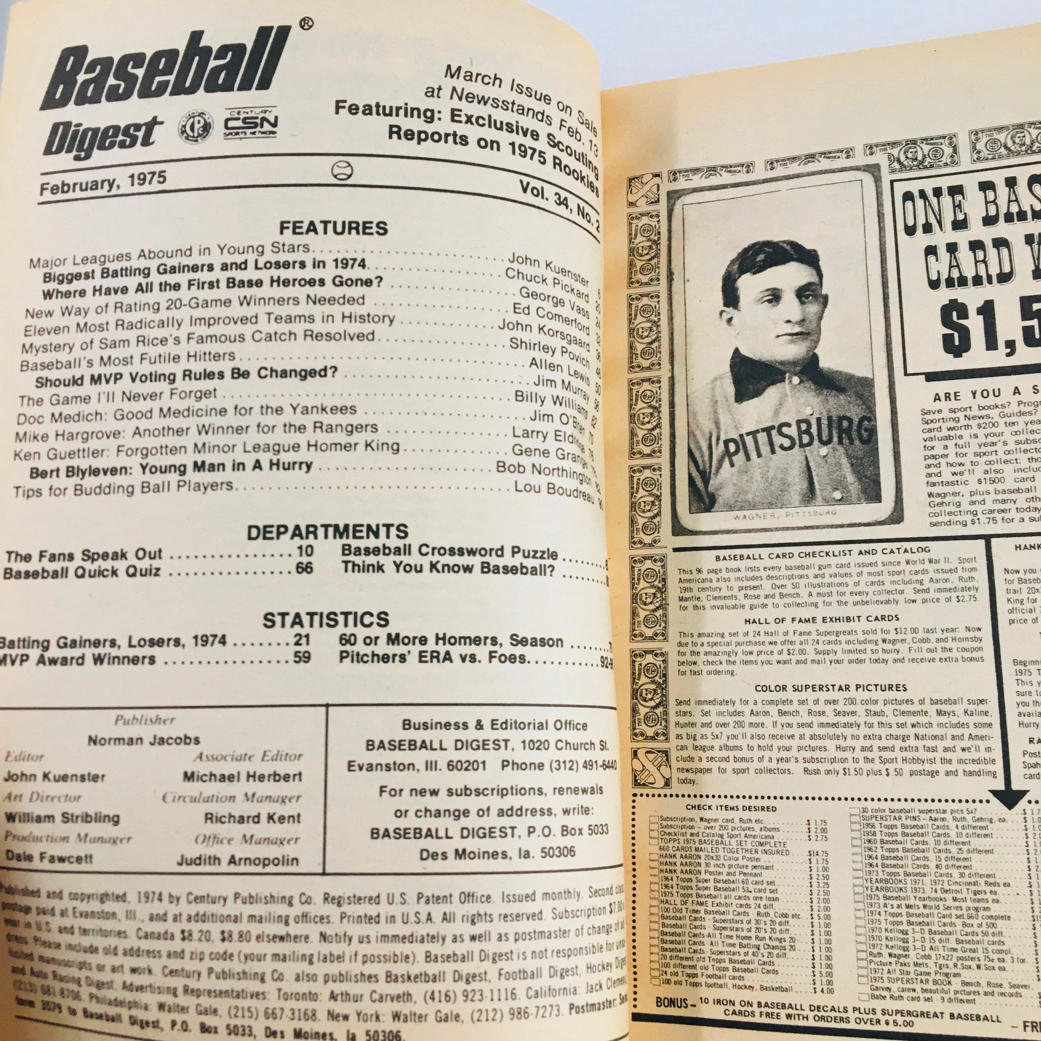 Interior page of Baseball Digest Magazine February 1975, highlighting featured articles and statistics, including a discussion on first base heroes and other baseball insights.