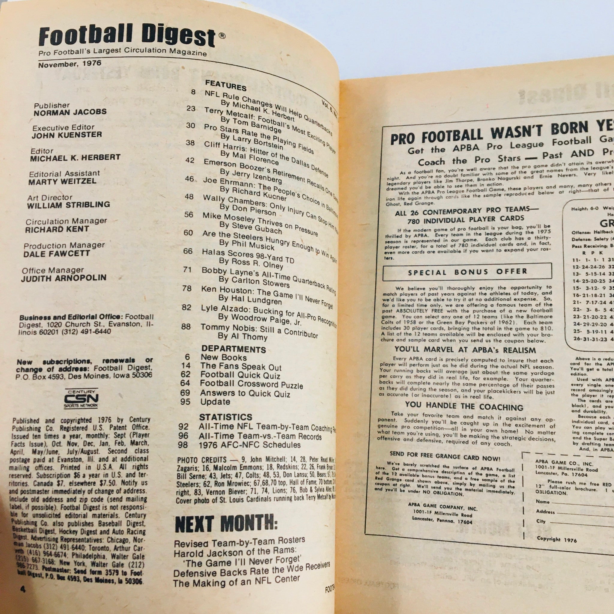 Interior page of Football Digest Magazine November 1976 displaying the table of contents, featuring articles on NFL changes, player statistics, and team insights.