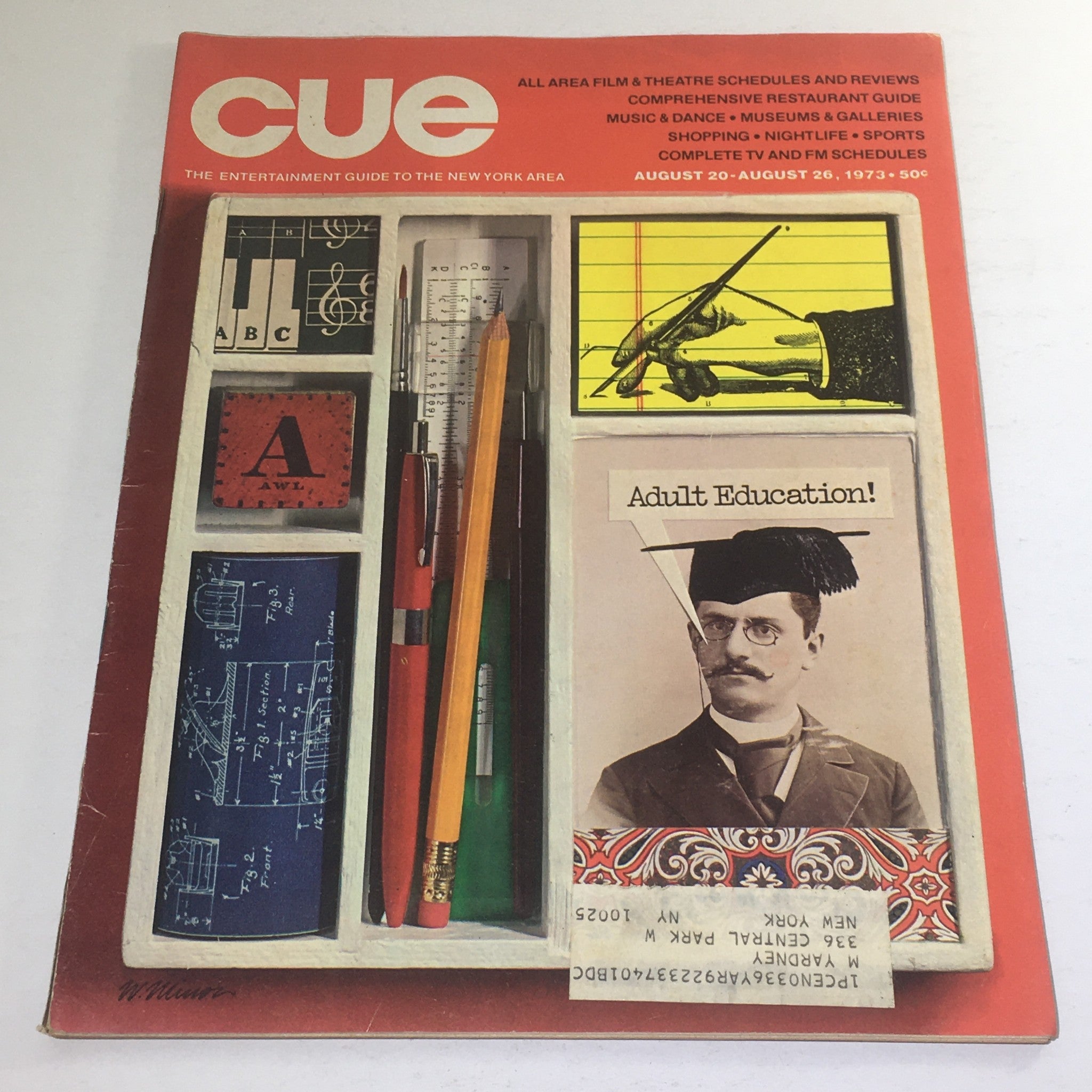 Cue Magazine cover from August 20-26, 1973 featuring an 'Adult Education' theme, with a vintage design including pencils, rulers, and a portrait of a man in a graduation cap.